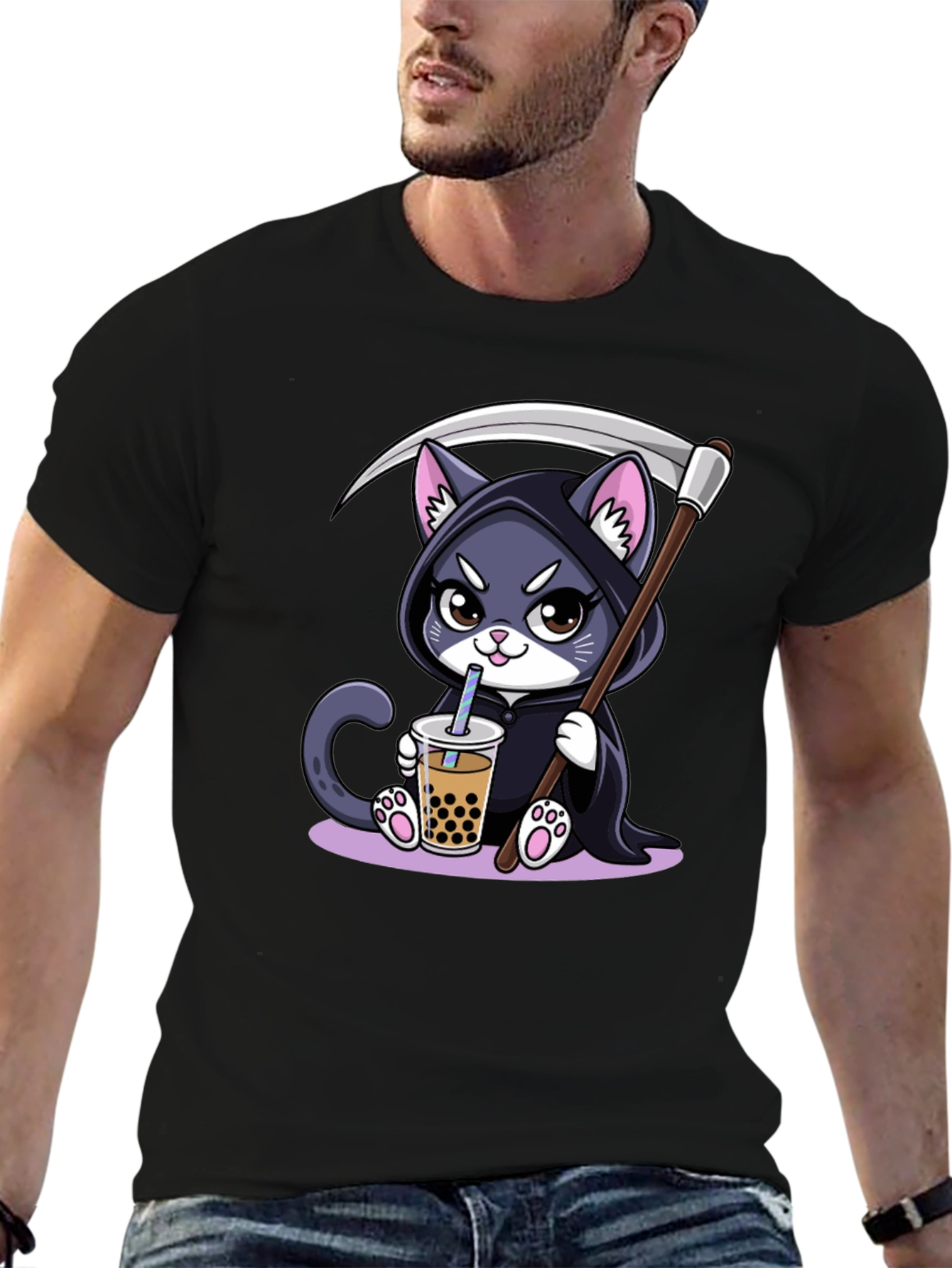 Grim Reaper Cat Boba T-Shirt - Kawaii Cute Design