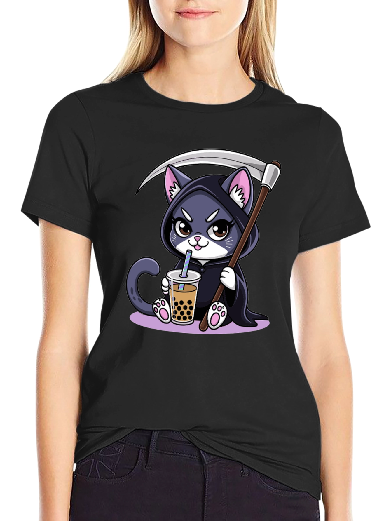 Grim Reaper Cat Boba T-Shirt - Kawaii Cute Design