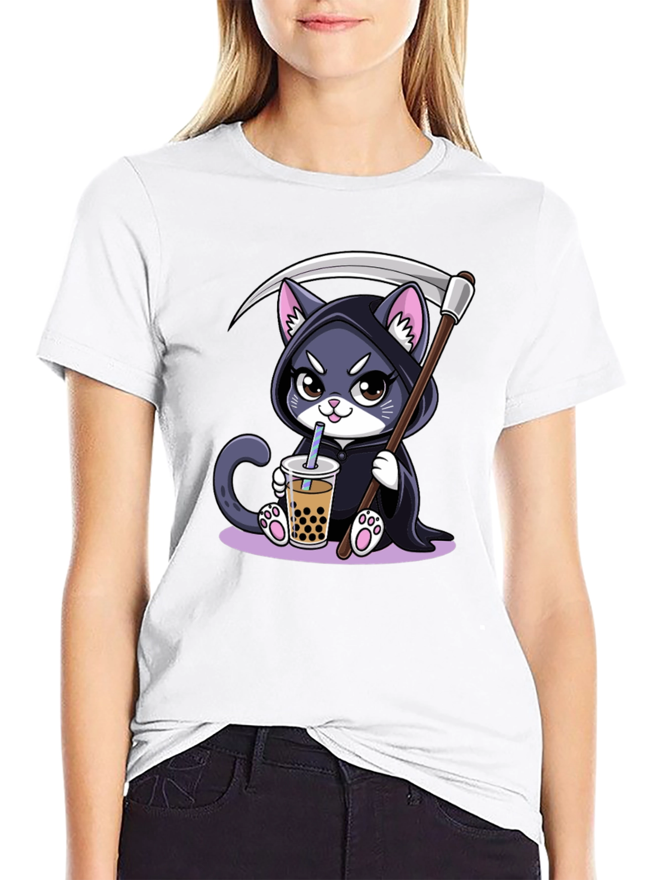 Grim Reaper Cat Boba T-Shirt - Kawaii Cute Design