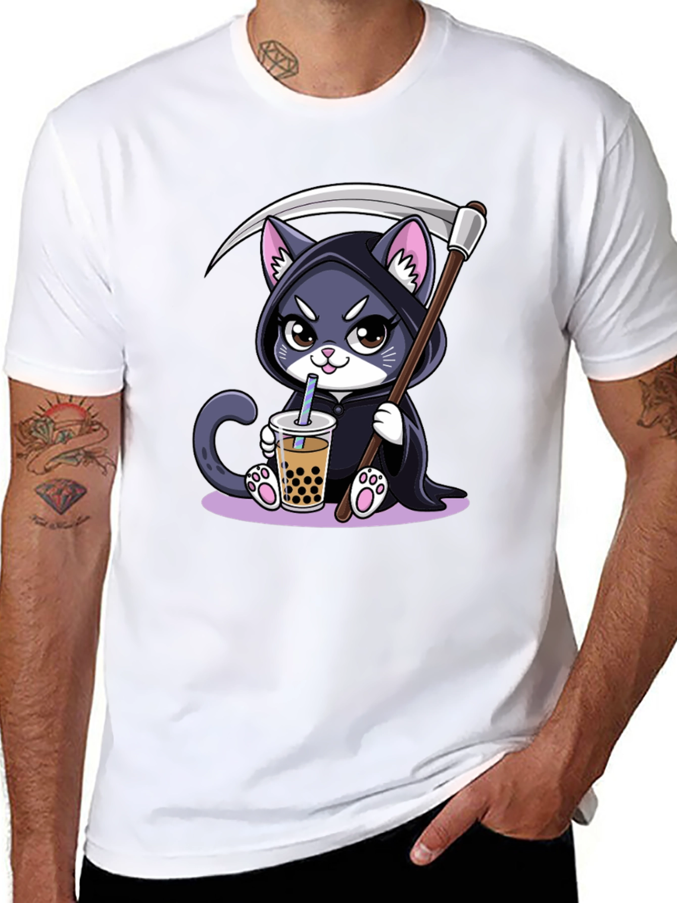 Grim Reaper Cat Boba T-Shirt - Kawaii Cute Design