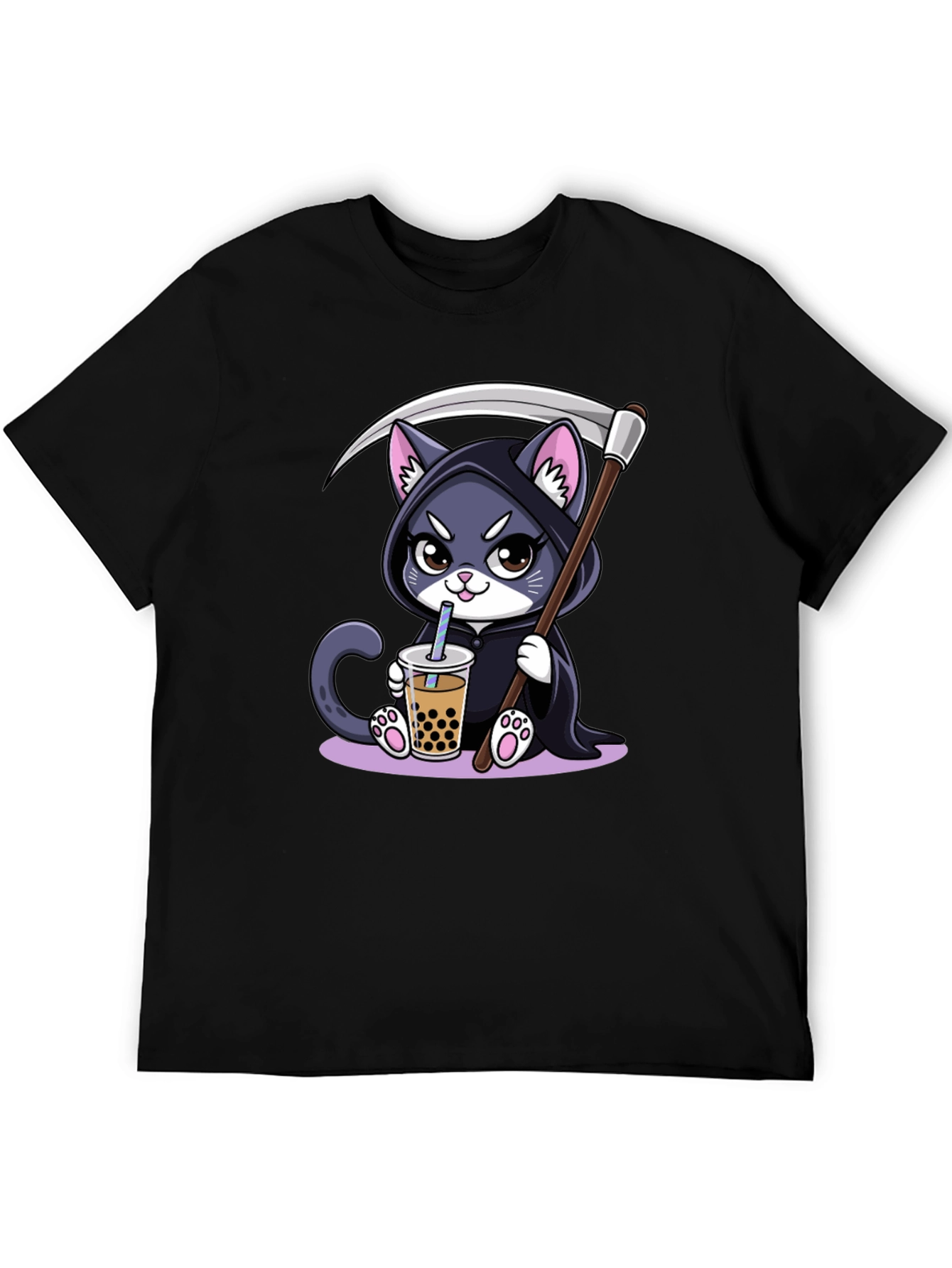 Grim Reaper Cat Boba T-Shirt - Kawaii Cute Design