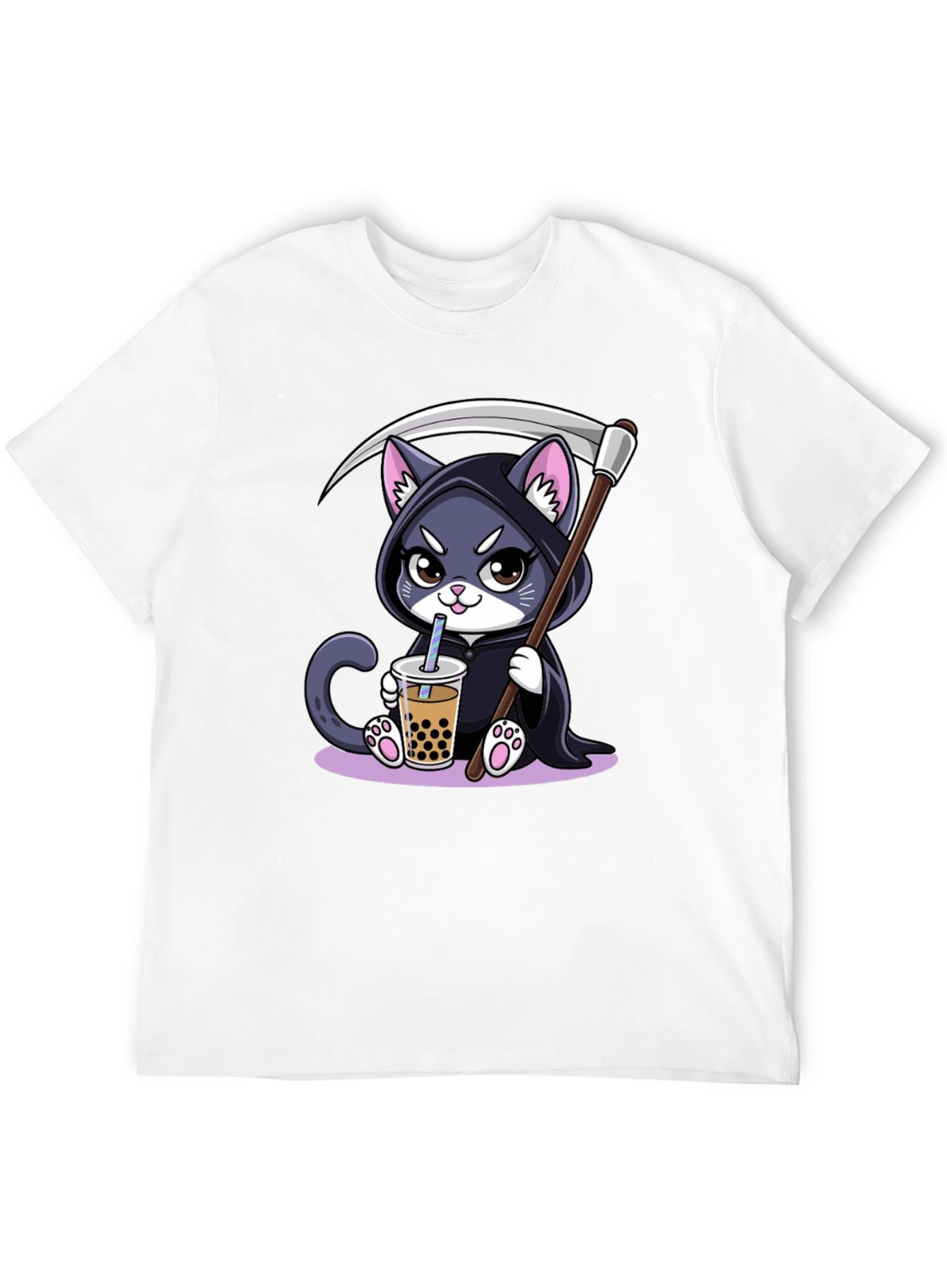 Grim Reaper Cat Boba T-Shirt - Kawaii Cute Design