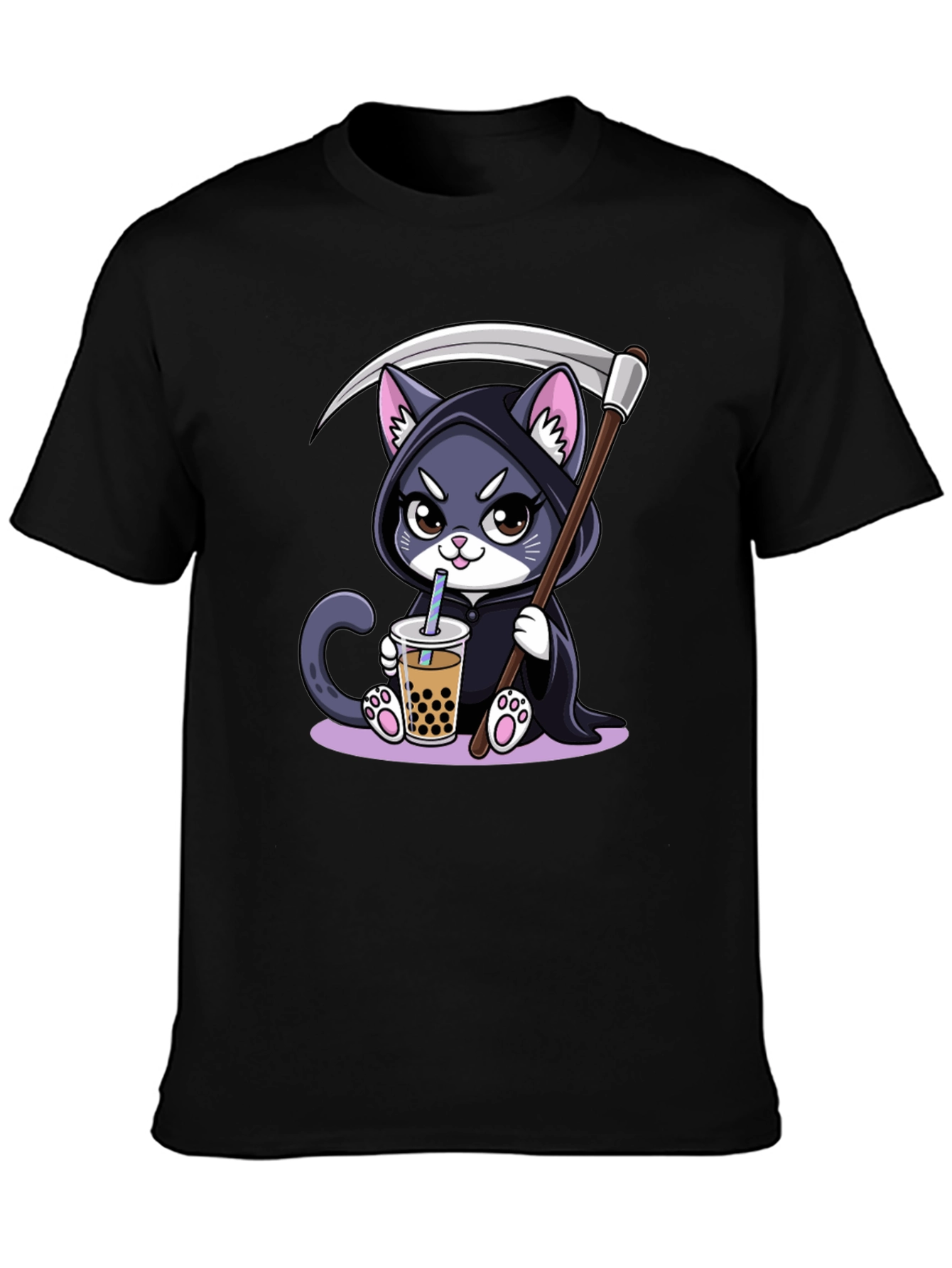 Grim Reaper Cat Boba T-Shirt - Kawaii Cute Design