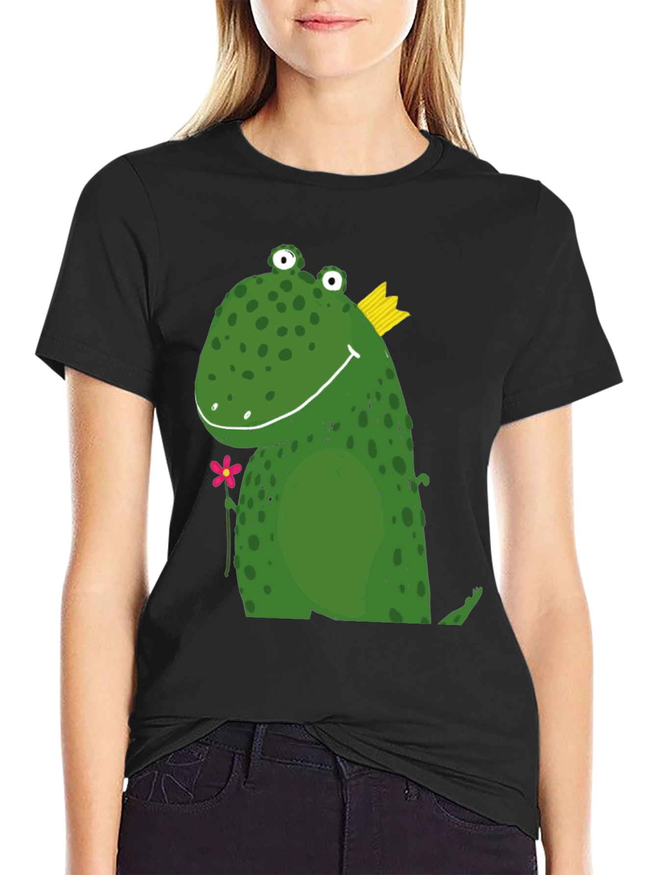 Cute Frog Prince Graphic Tee - Black Cotton T-Shirt