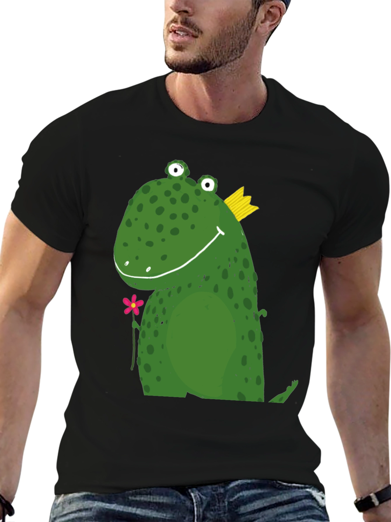 Cute Frog Prince Graphic Tee - Black Cotton T-Shirt