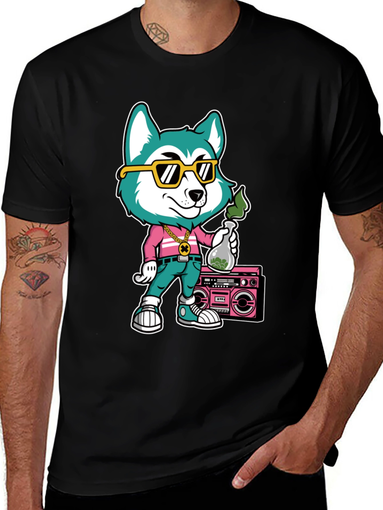 Cartoon Dog Graphic Print T-Shirt - Black