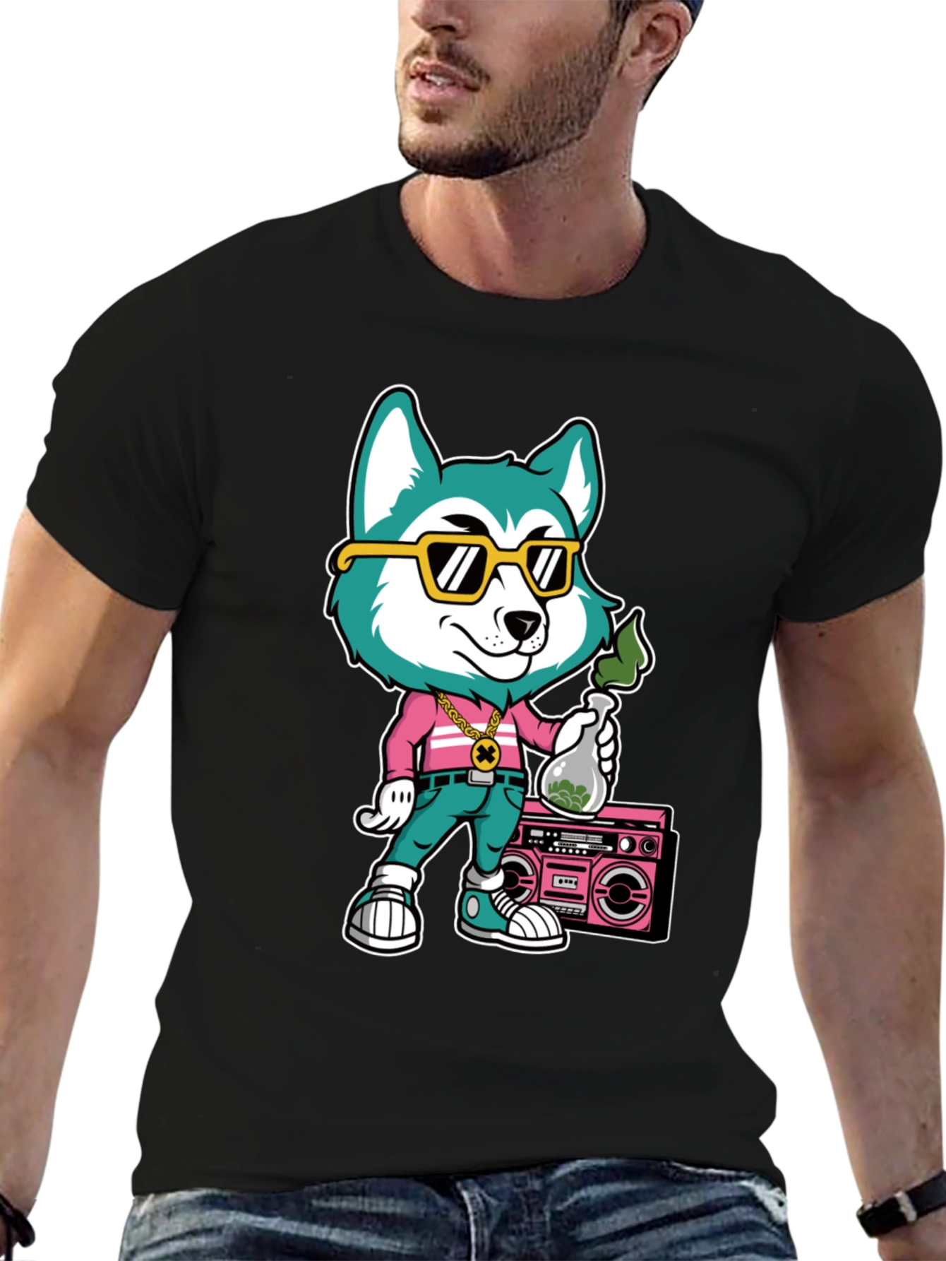 Cartoon Dog Graphic Print T-Shirt - Black