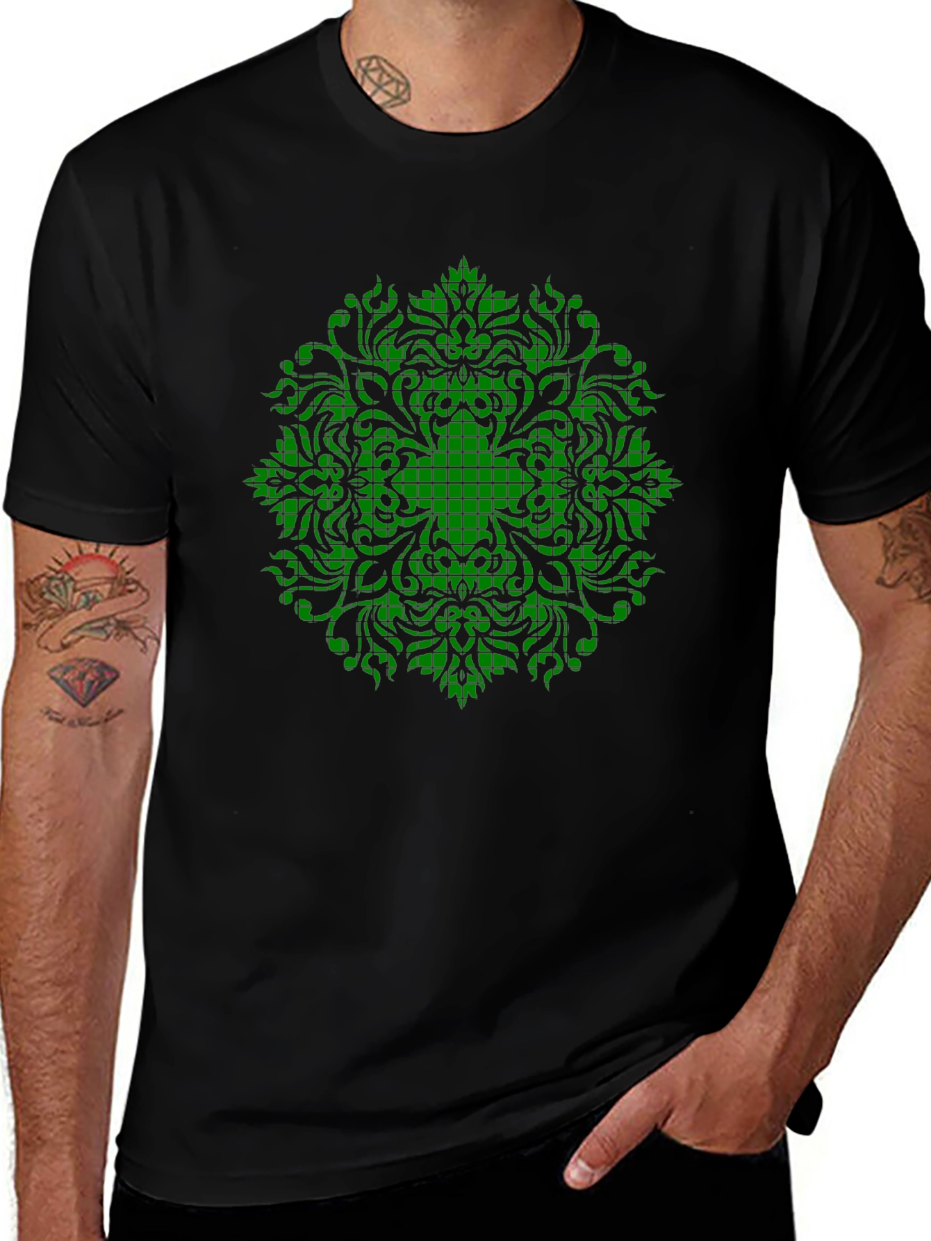Green Mandala Graphic Black T-Shirt