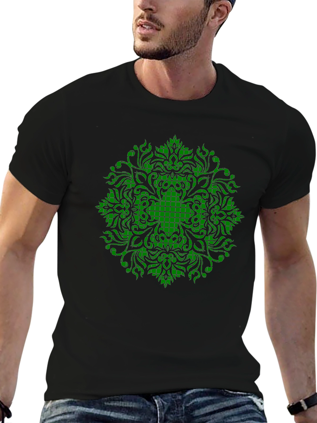 Green Mandala Graphic Black T-Shirt