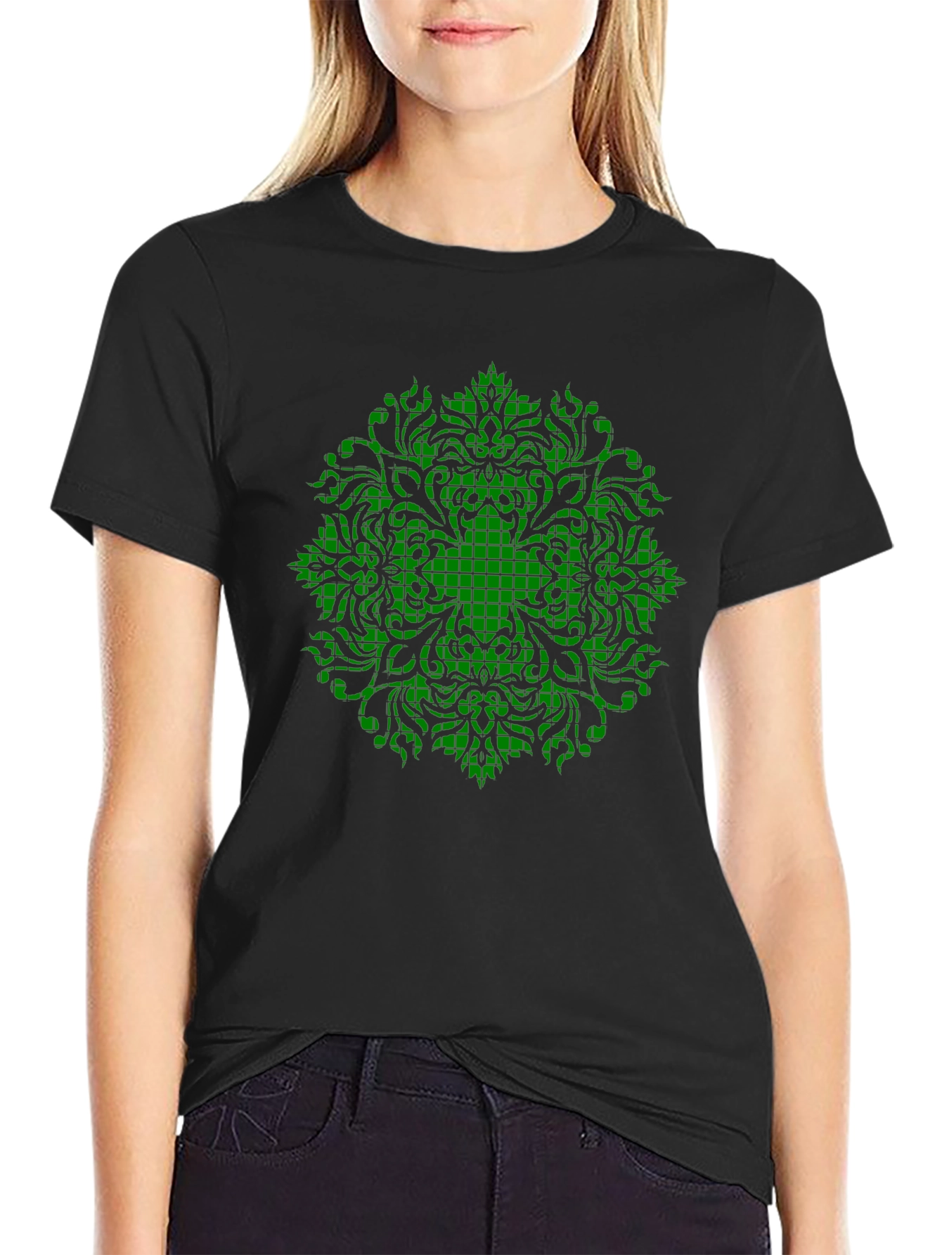 Green Mandala Graphic Black T-Shirt