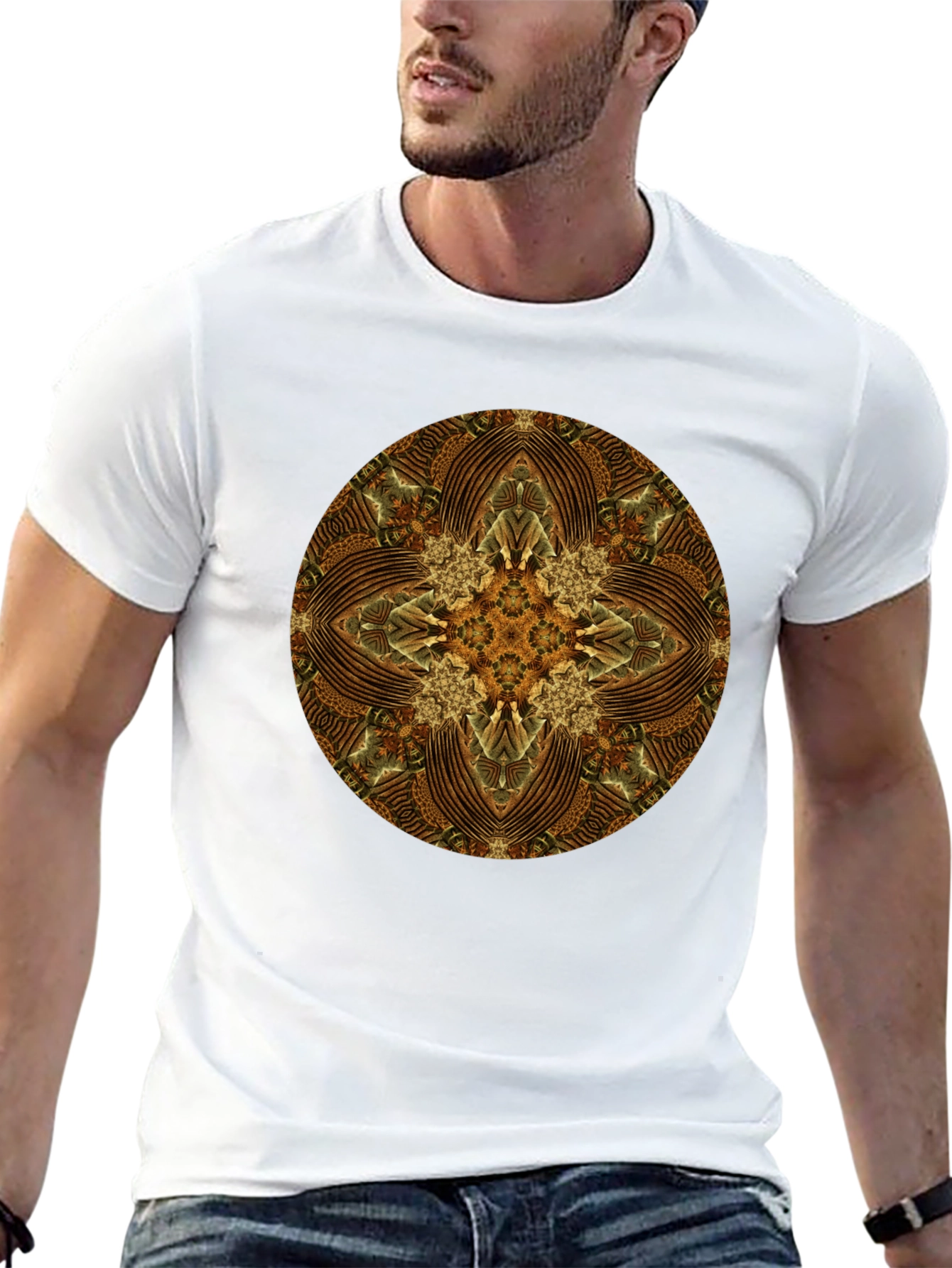 Brown Geometric Mandala Print Black T-Shirt