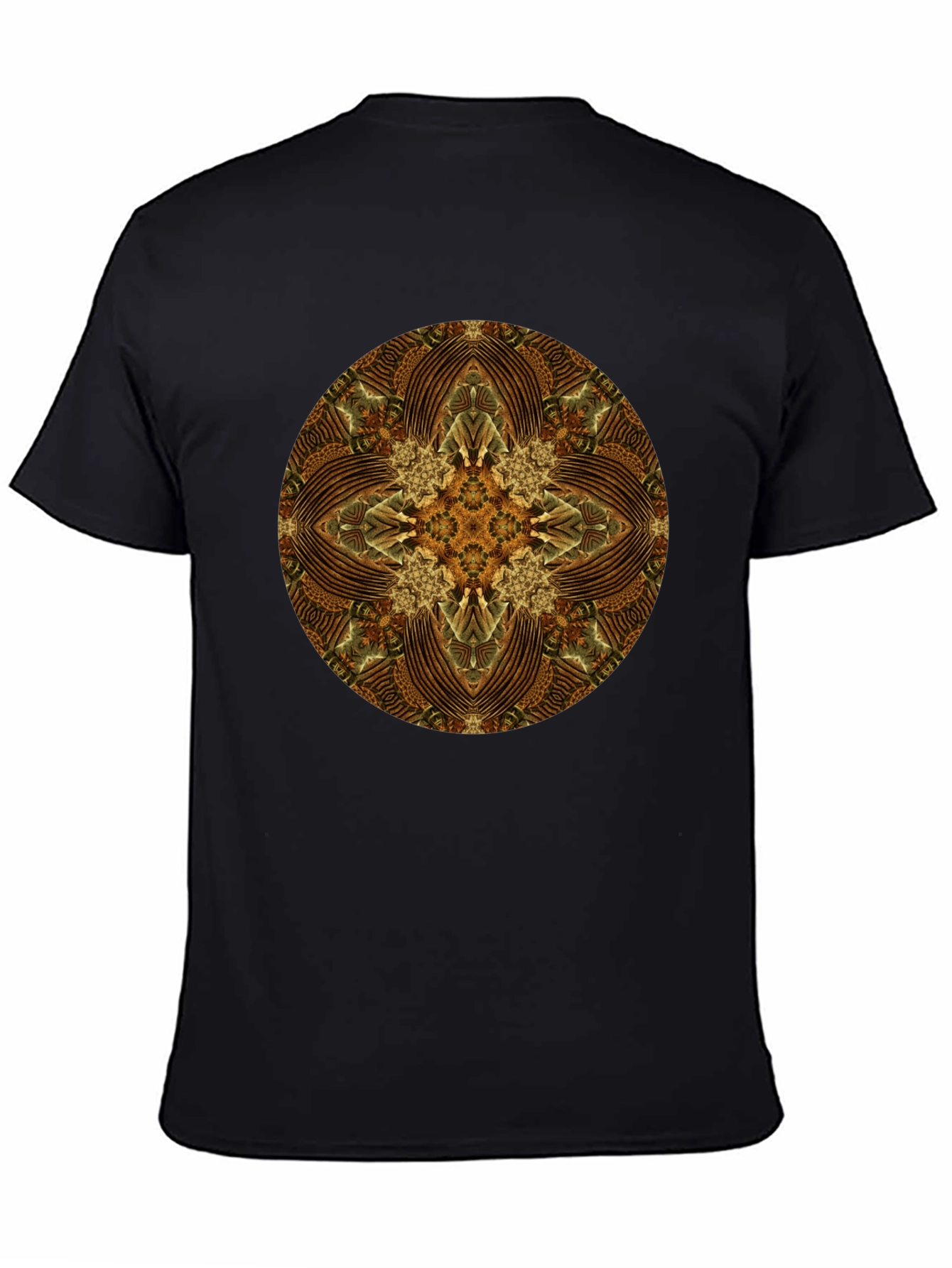 Brown Geometric Mandala Print Black T-Shirt