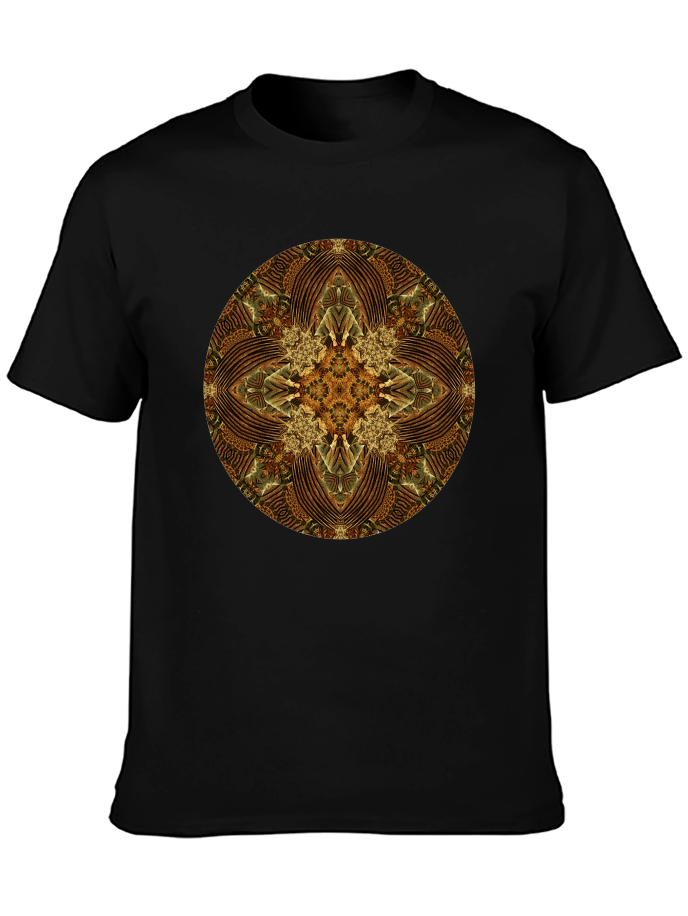 Brown Geometric Mandala Print Black T-Shirt