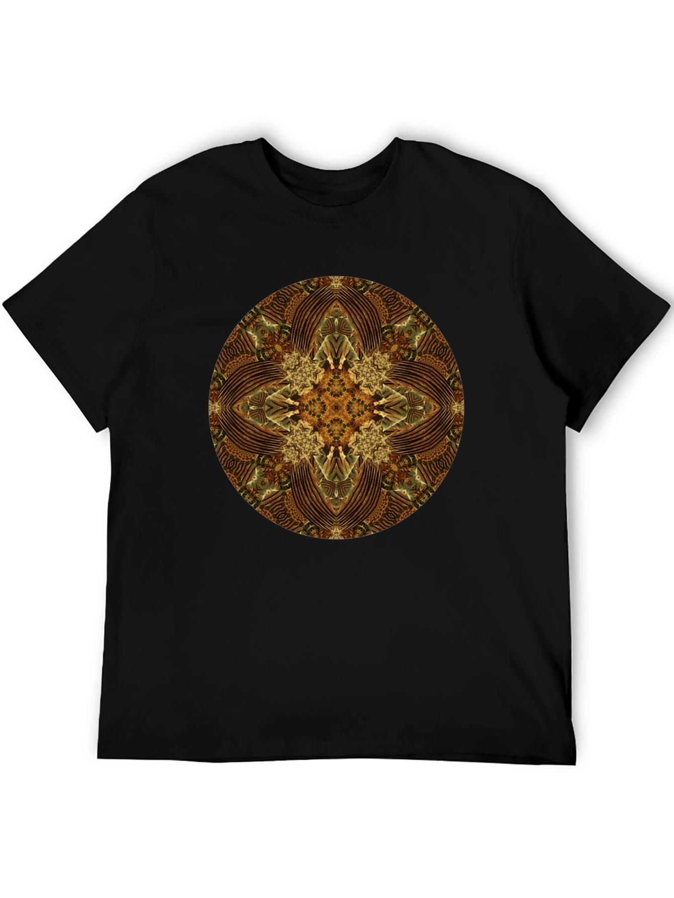 Brown Geometric Mandala Print Black T-Shirt