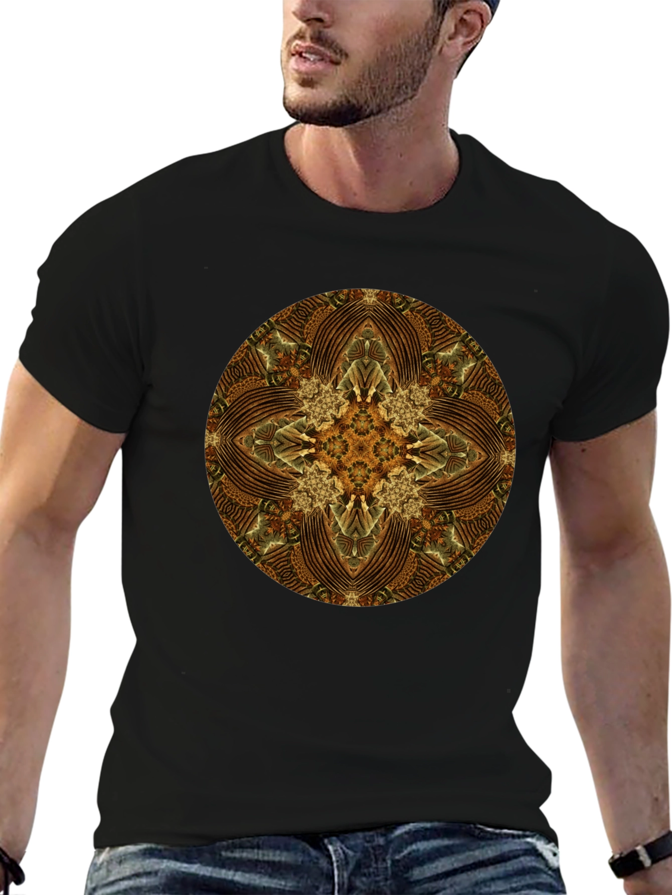 Brown Geometric Mandala Print Black T-Shirt