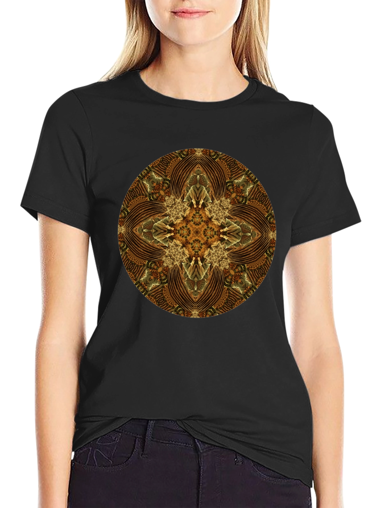Brown Geometric Mandala Print Black T-Shirt