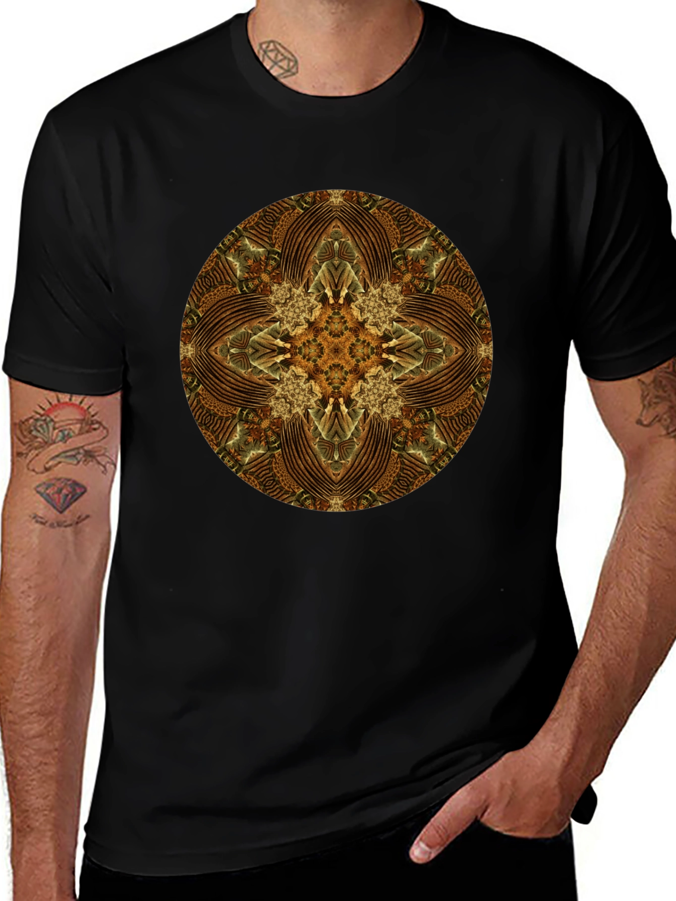 Brown Geometric Mandala Print Black T-Shirt