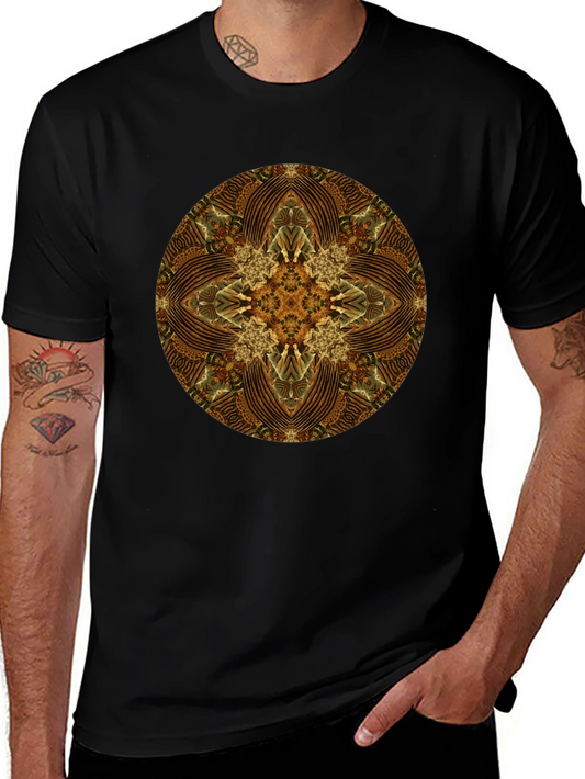Brown Geometric Mandala Print Black T-Shirt