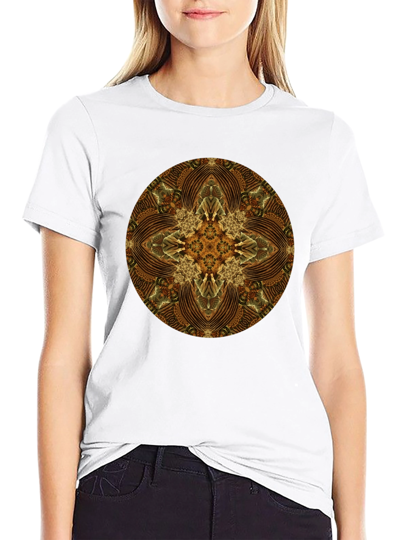 Brown Geometric Mandala Print Black T-Shirt