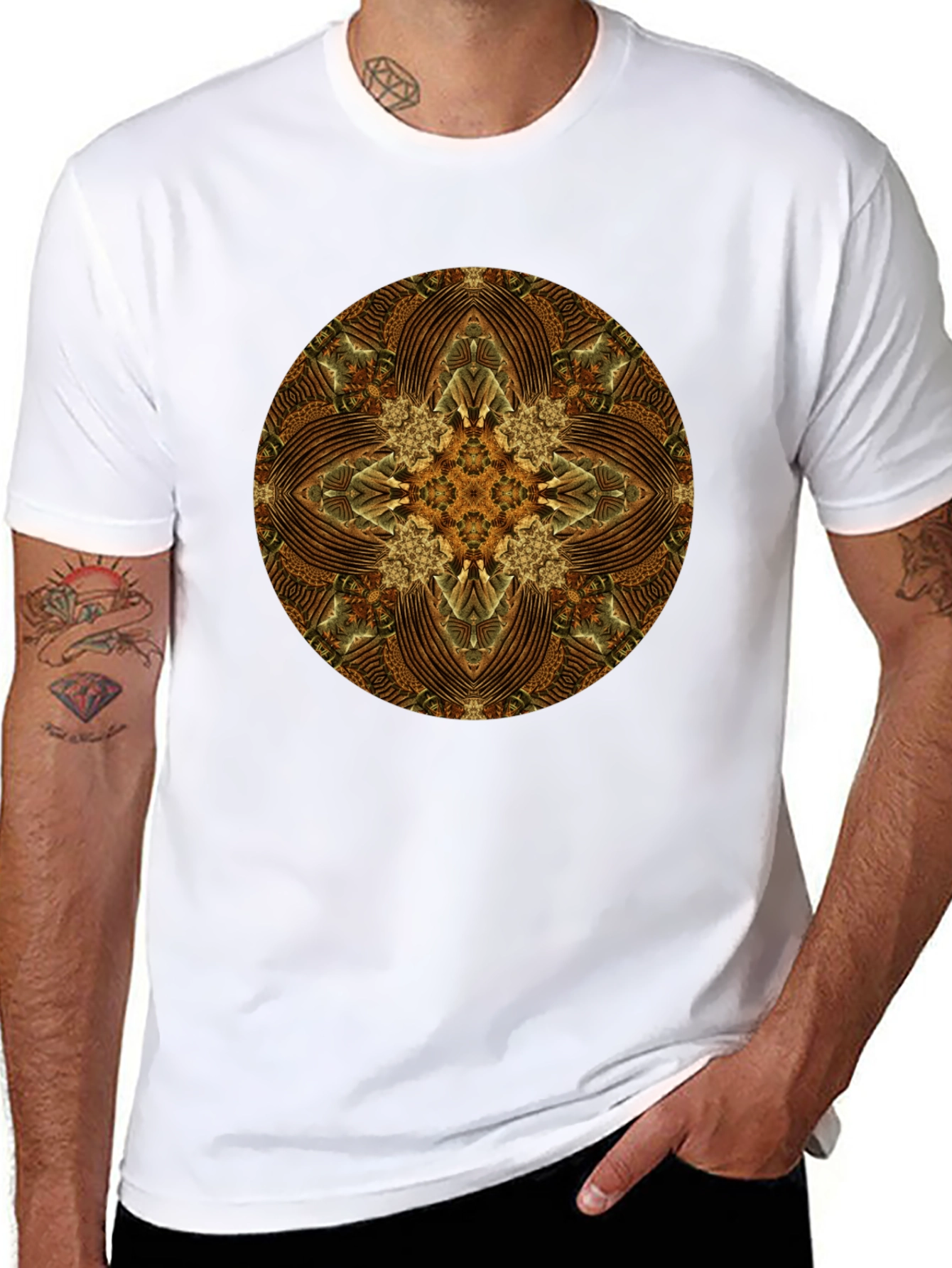 Brown Geometric Mandala Print Black T-Shirt