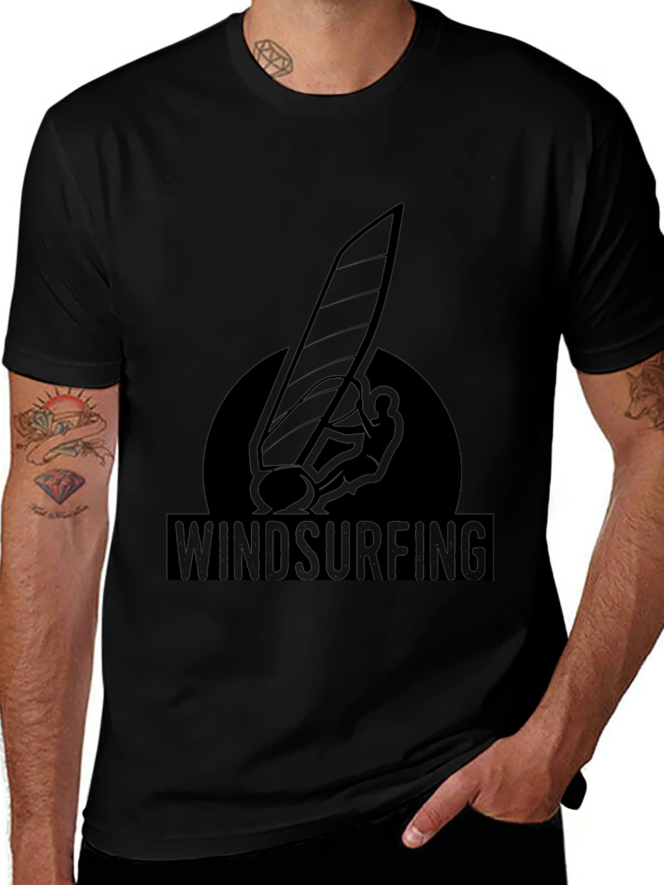 Windsurfing Graphic Tee - Black Cotton T-Shirt