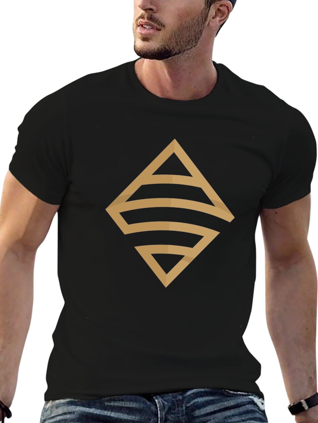 Stylish Black T-Shirt with Geometric Gold Design