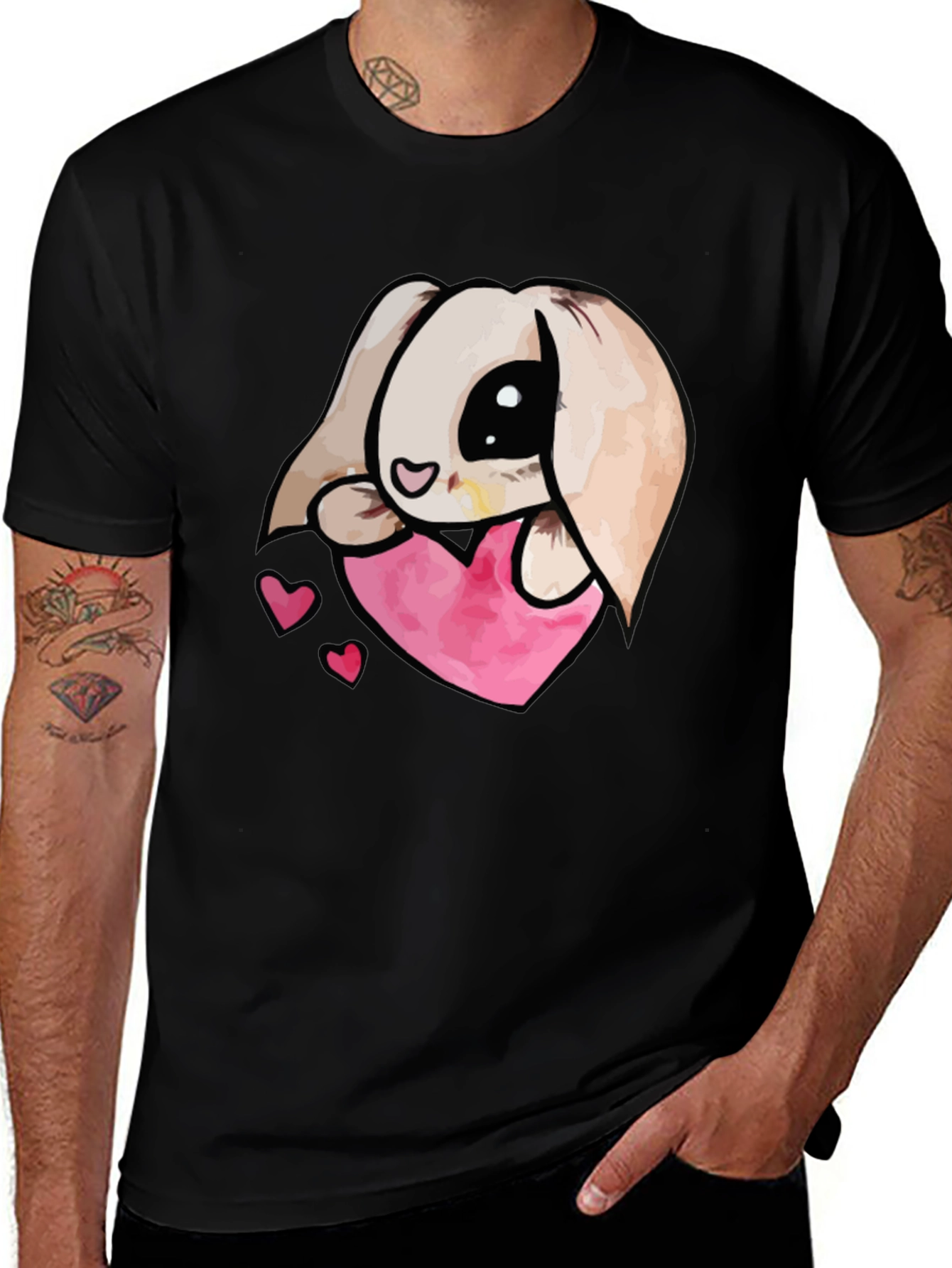 Cute Bunny Heart Graphic Tee - Black Cotton Blend