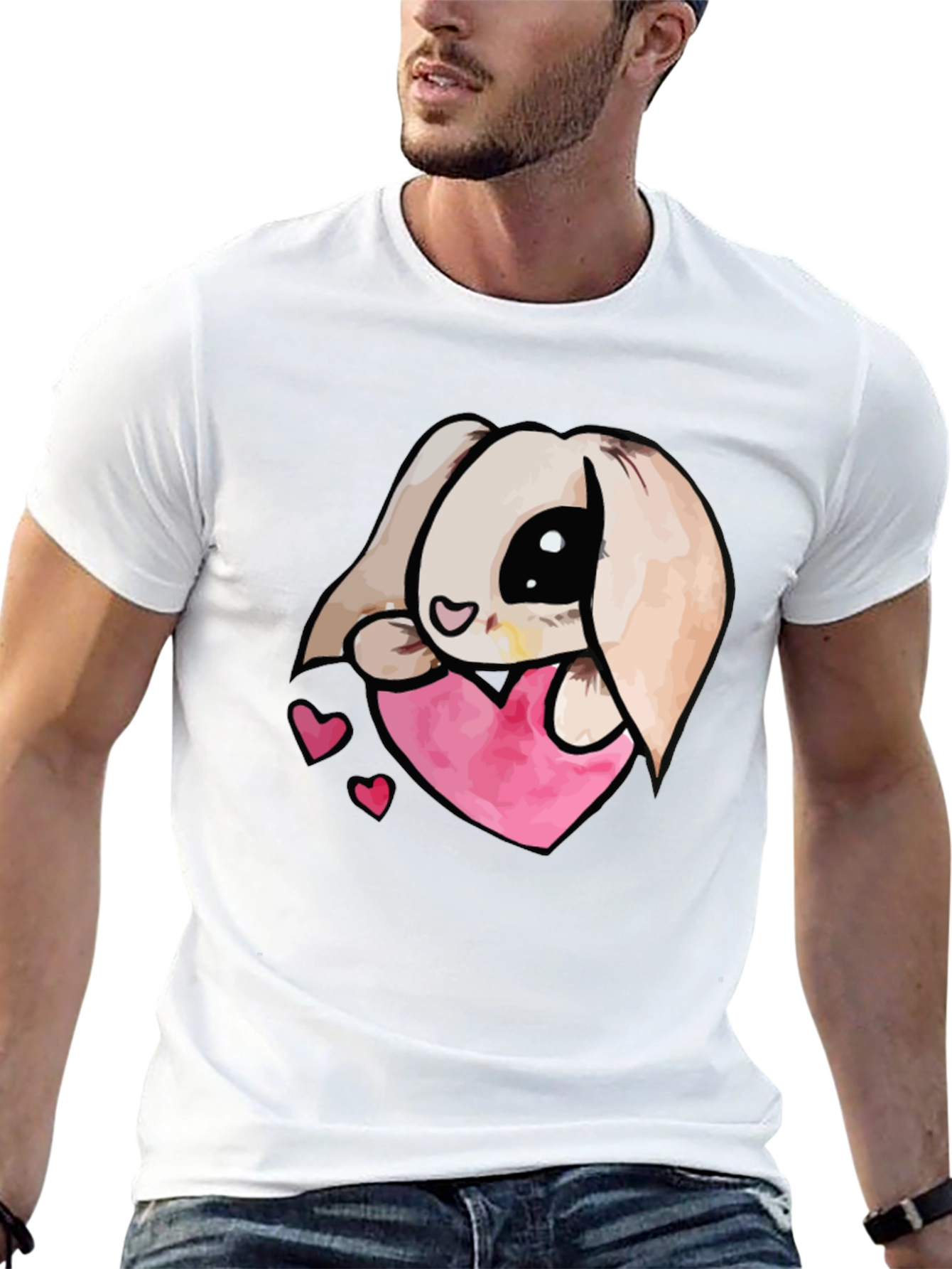 Cute Bunny Heart Graphic Tee - Black Cotton Blend