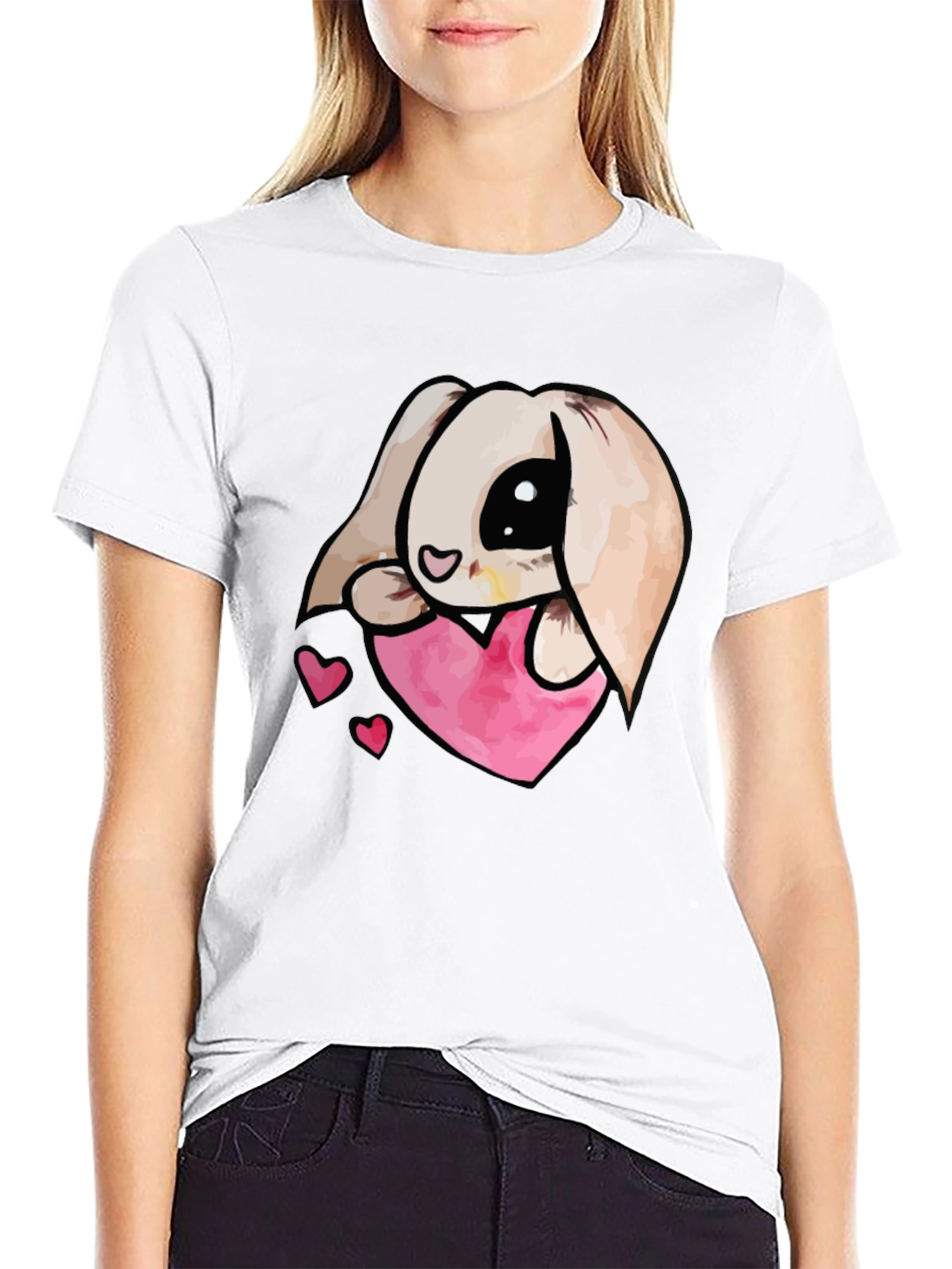 Cute Bunny Heart Graphic Tee - Black Cotton Blend