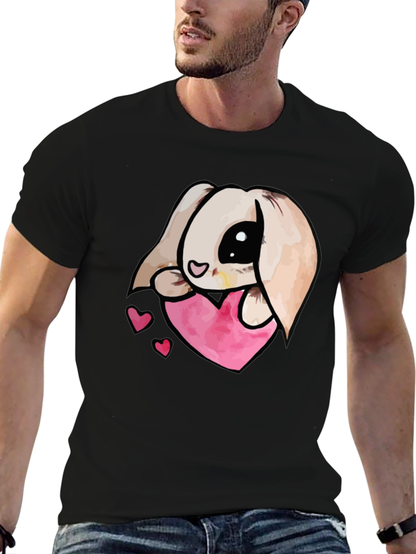Cute Bunny Heart Graphic Tee - Black Cotton Blend