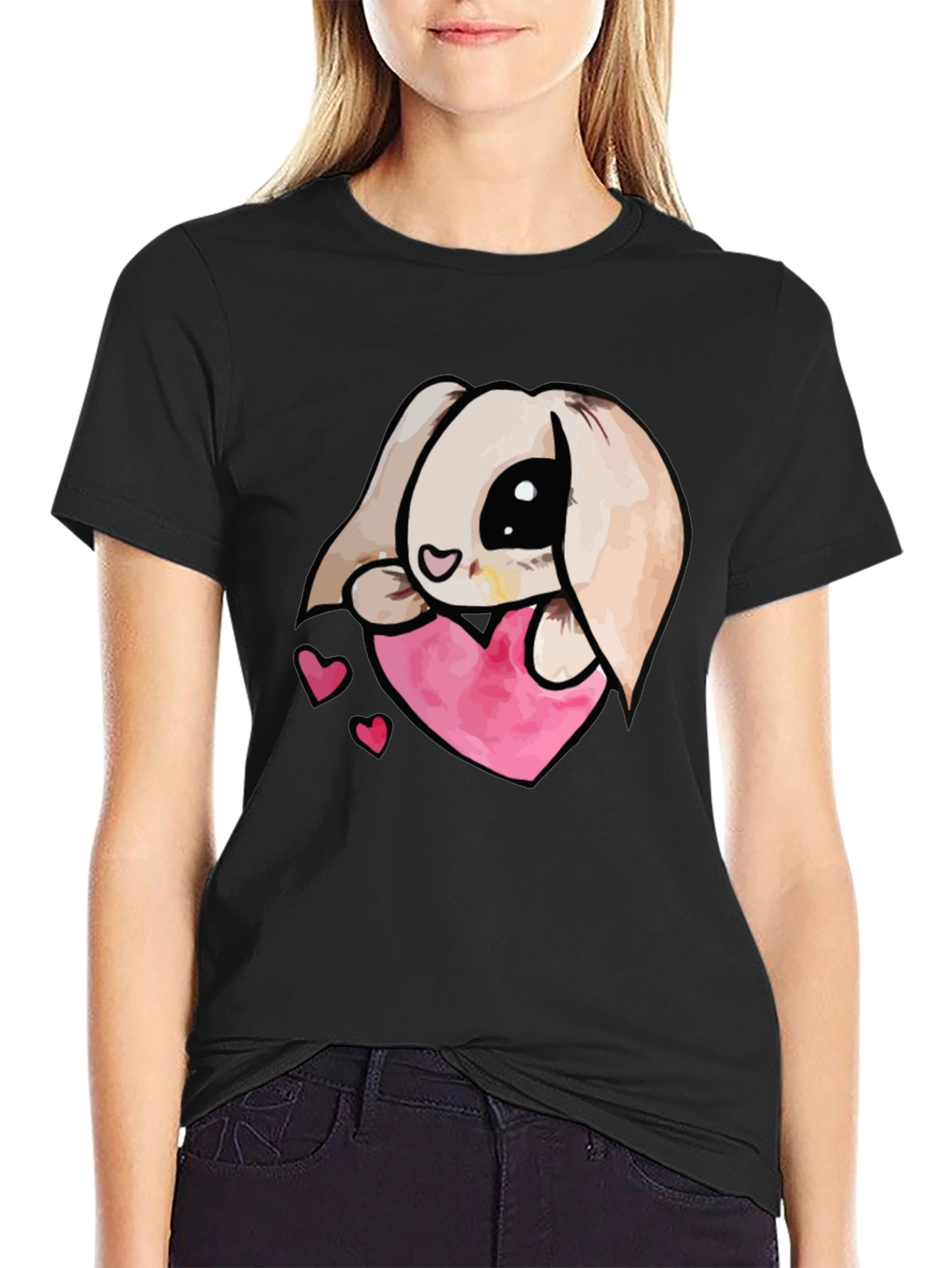 Cute Bunny Heart Graphic Tee - Black Cotton Blend