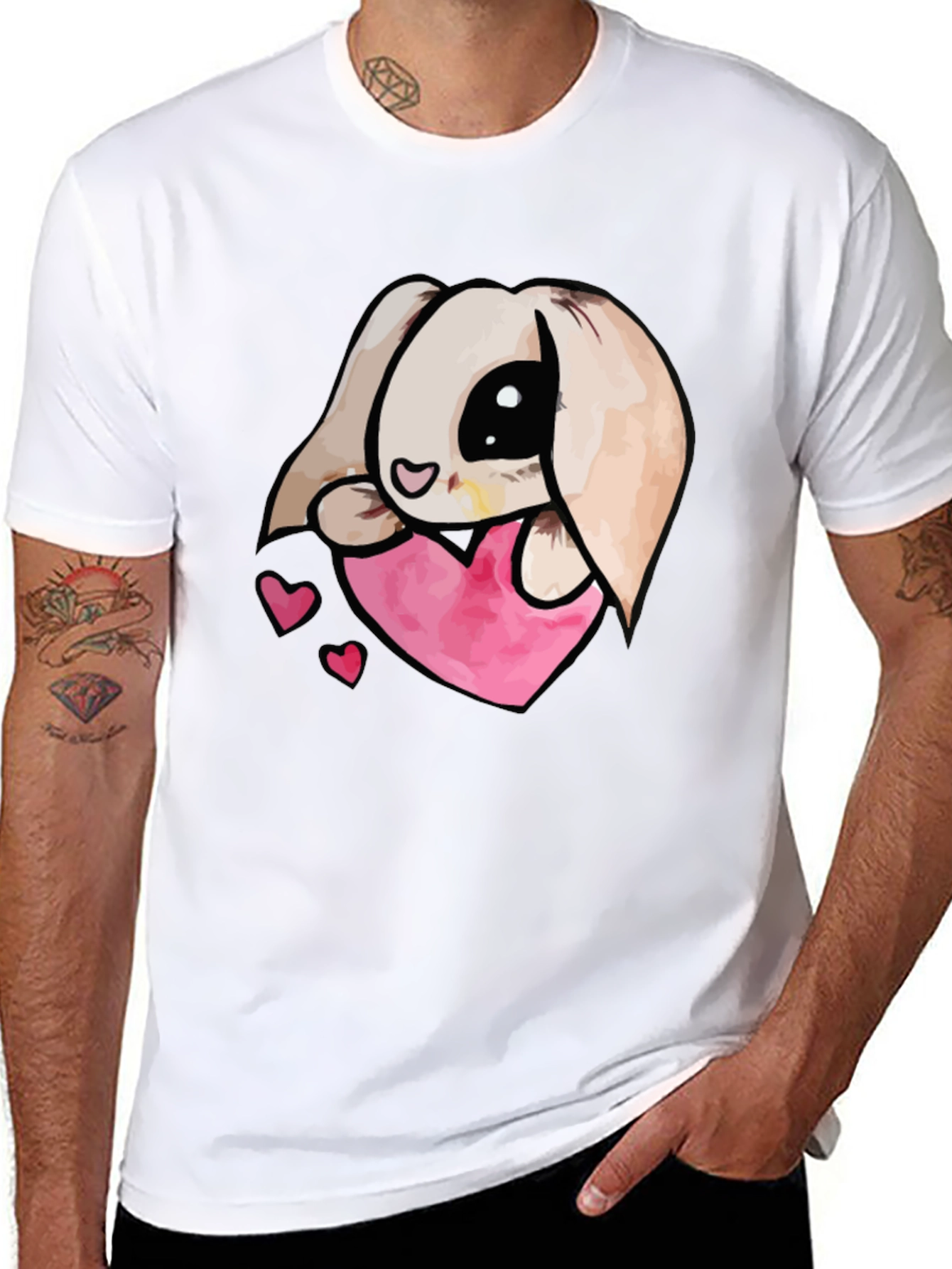 Cute Bunny Heart Graphic Tee - Black Cotton Blend