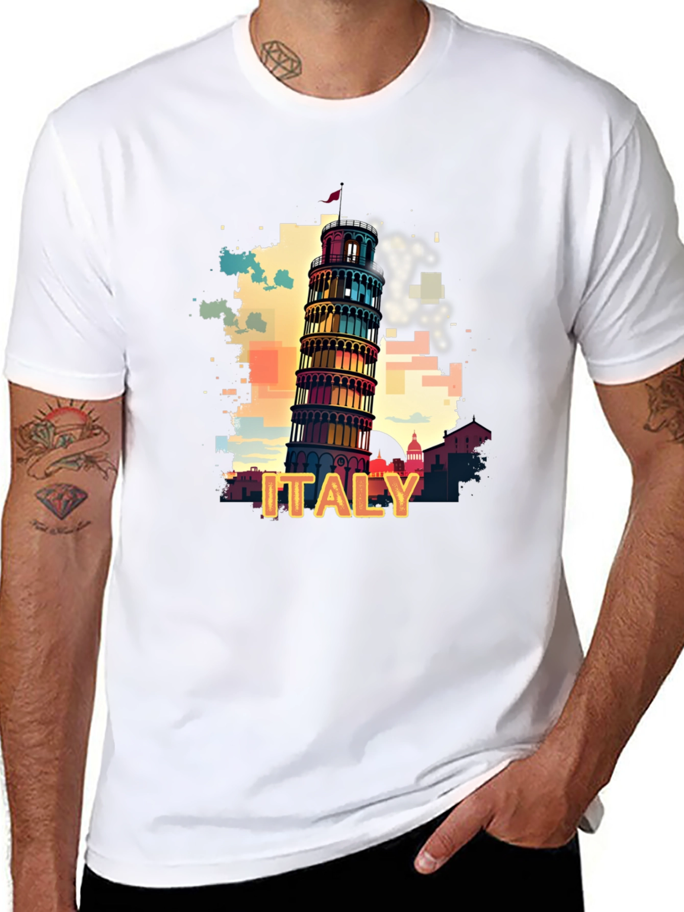 Italy Pisa Tower Graphic Tee - Mens Black T-Shirt