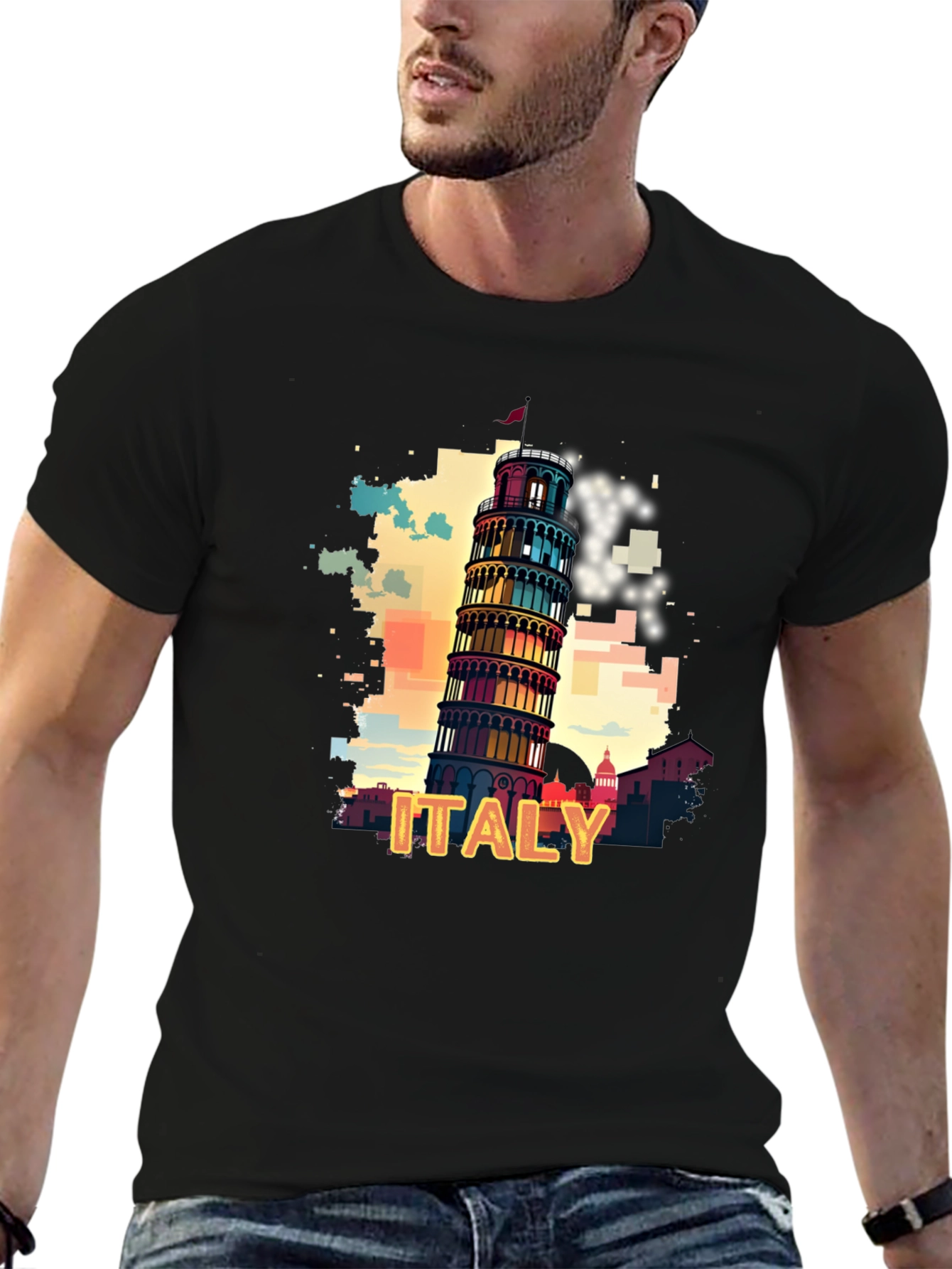 Italy Pisa Tower Graphic Tee - Mens Black T-Shirt