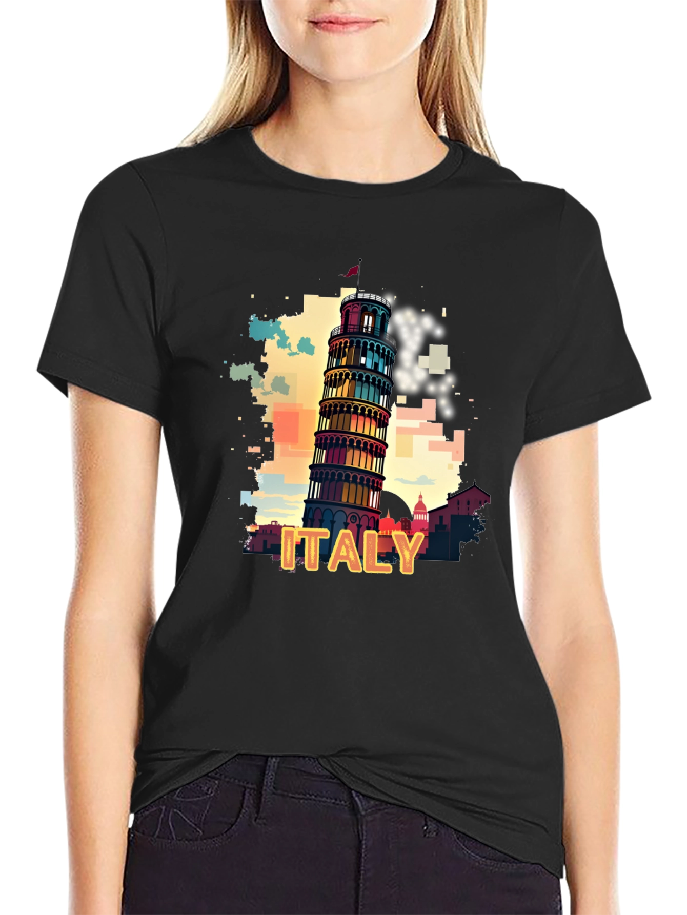 Italy Pisa Tower Graphic Tee - Mens Black T-Shirt