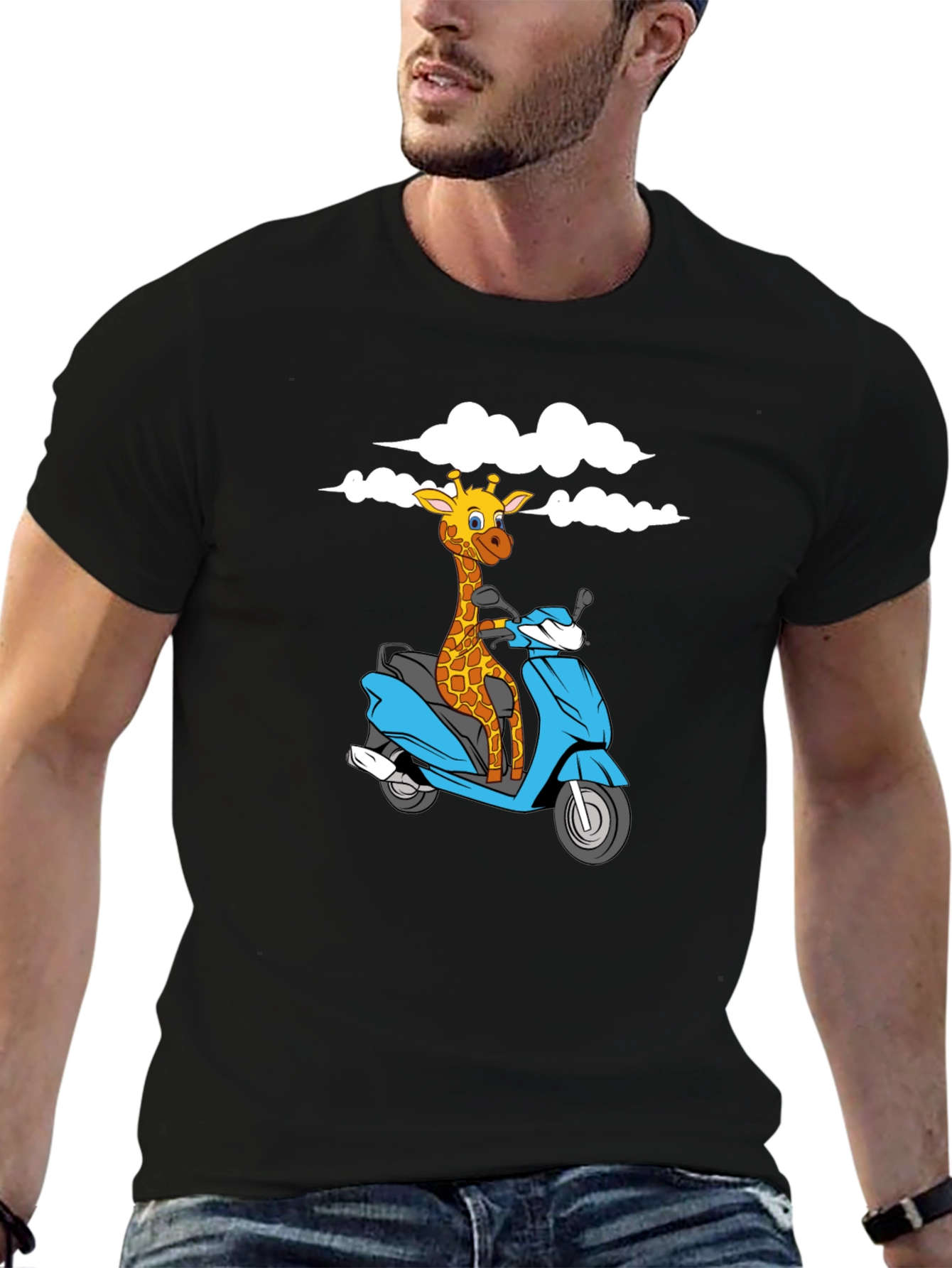 Giraffe on Scooter Graphic T-Shirt - Black
