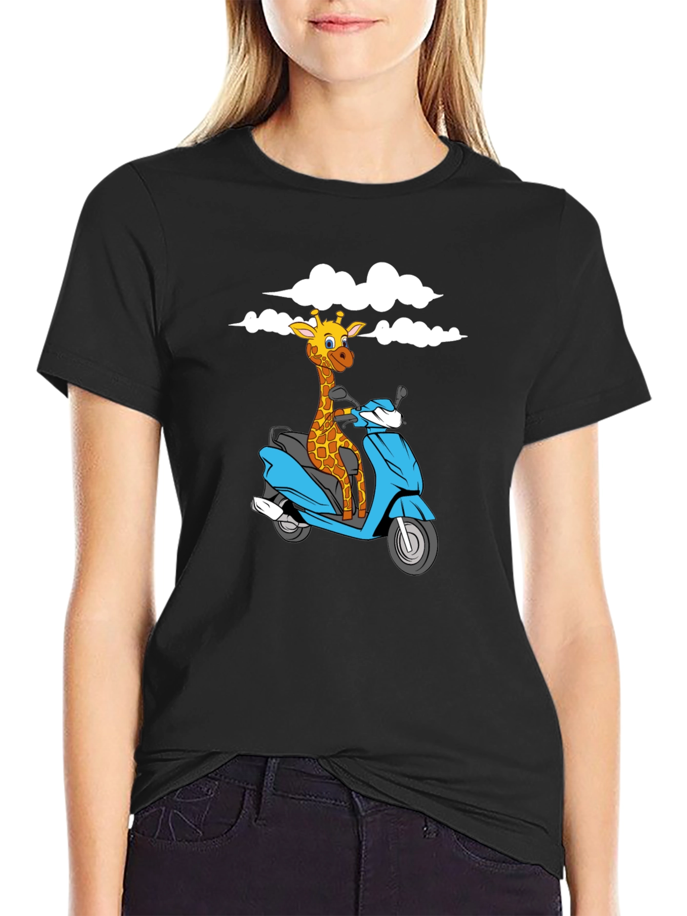 Giraffe on Scooter Graphic T-Shirt - Black