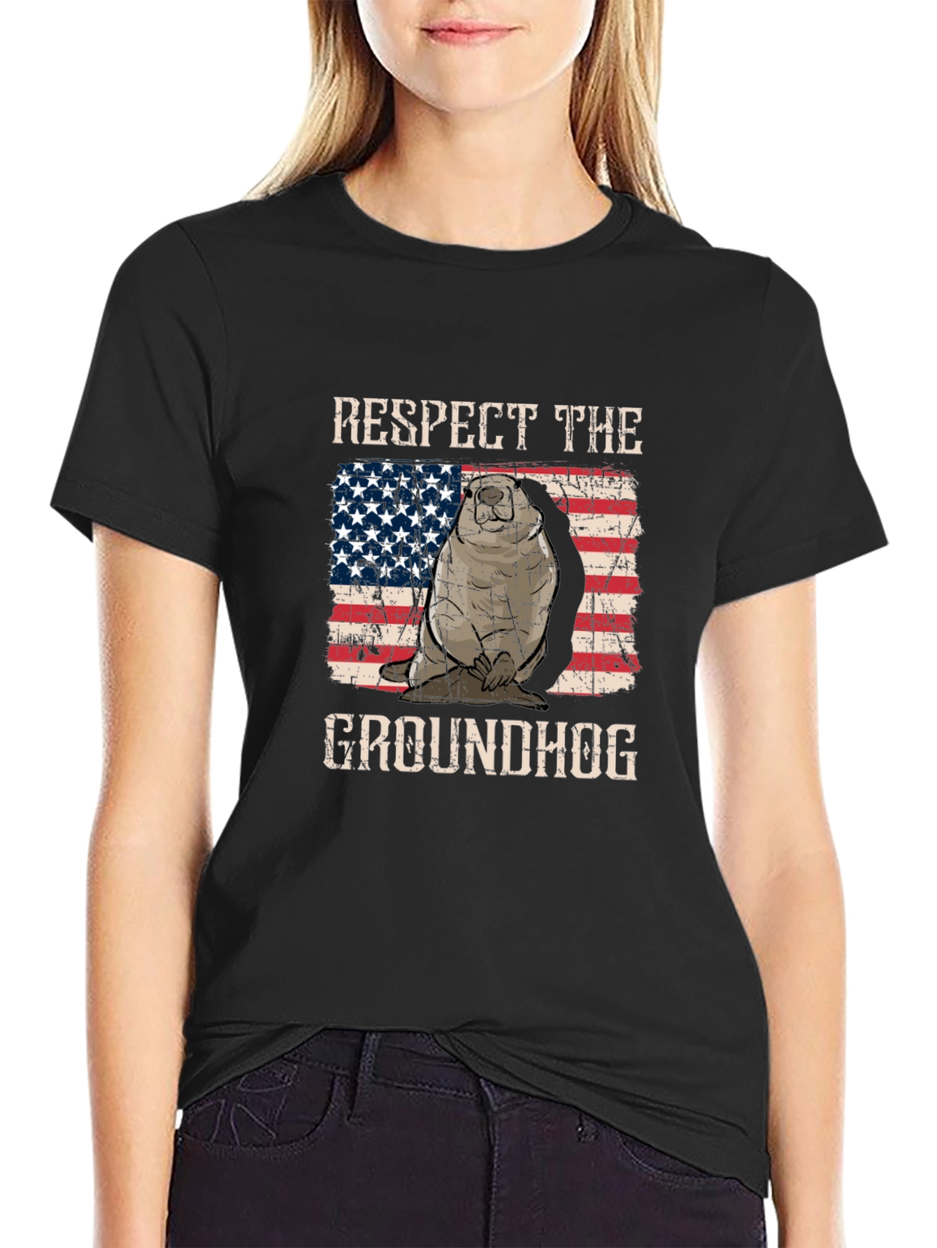 Respect the Groundhog USA Flag Graphic Tee