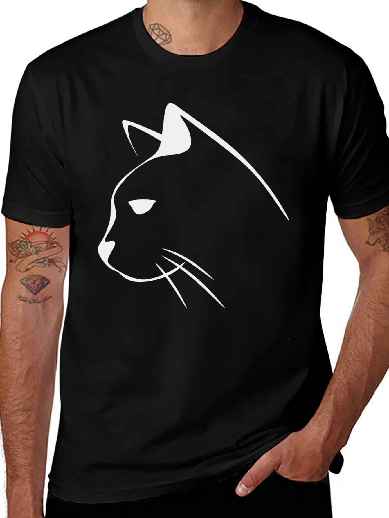 Cool Cat Outline T-Shirt - Black Cotton Tee