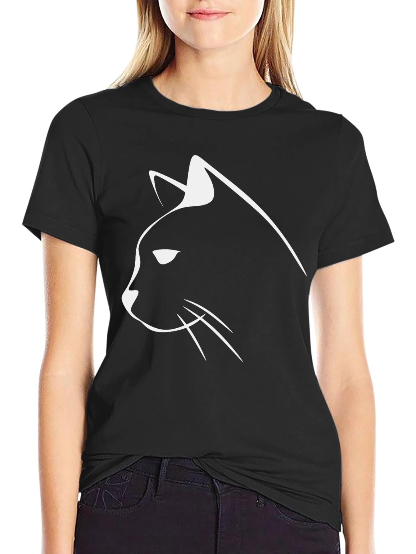 Cool Cat Outline T-Shirt - Black Cotton Tee