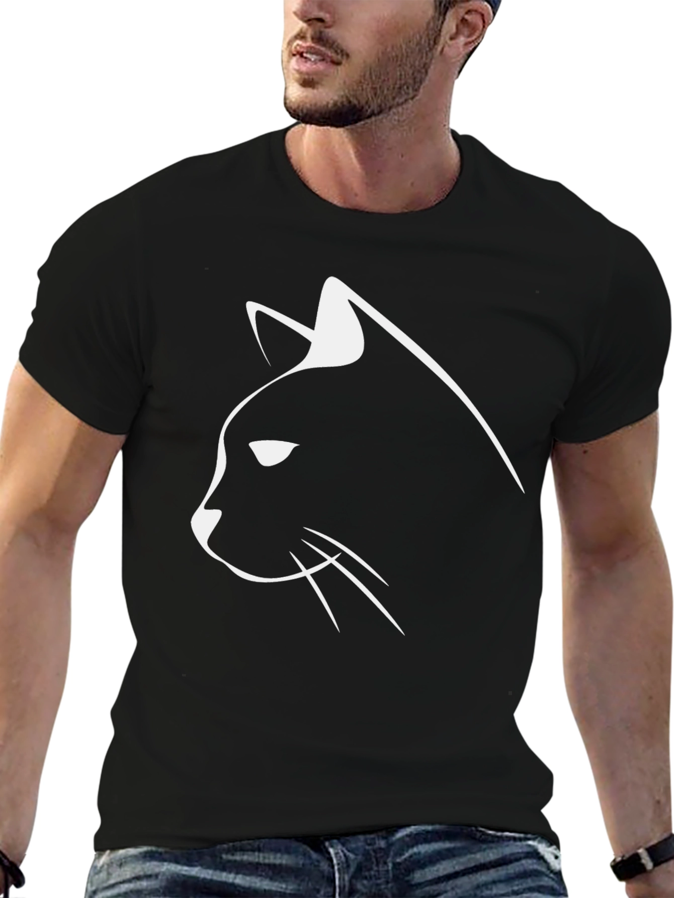 Cool Cat Outline T-Shirt - Black Cotton Tee