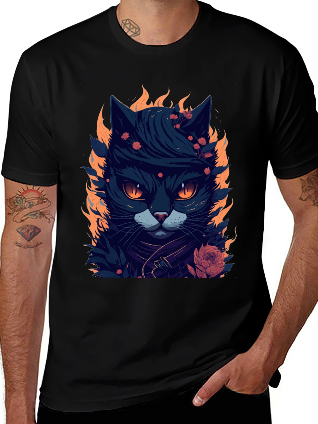 Fiery Feline Graphic Tee - Cool Cat Design