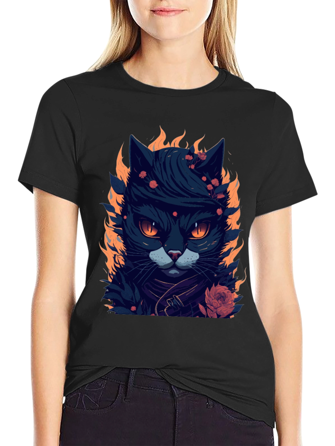 Fiery Feline Graphic Tee - Cool Cat Design