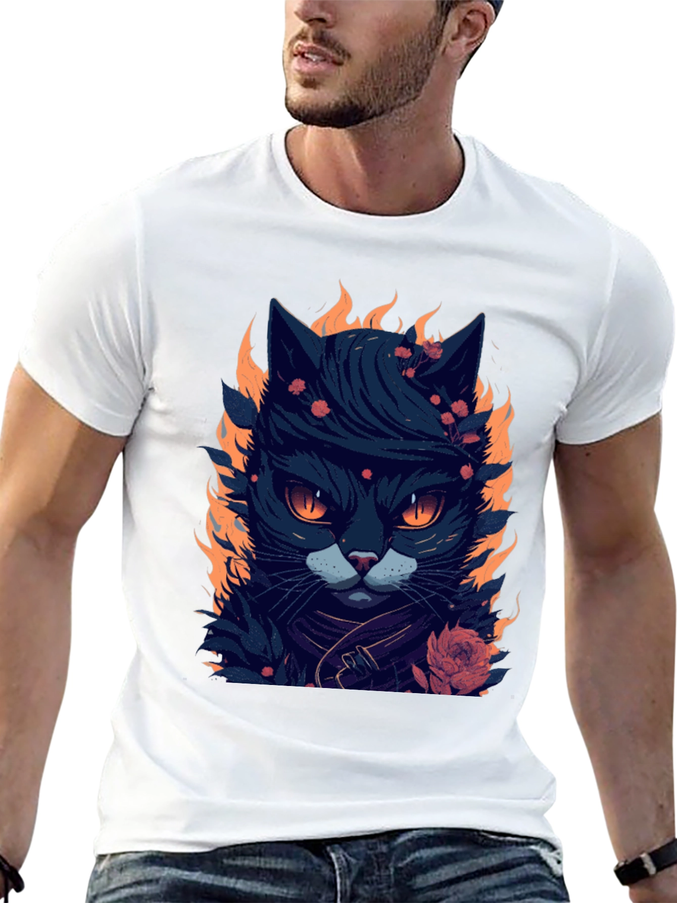 Fiery Feline Graphic Tee - Cool Cat Design
