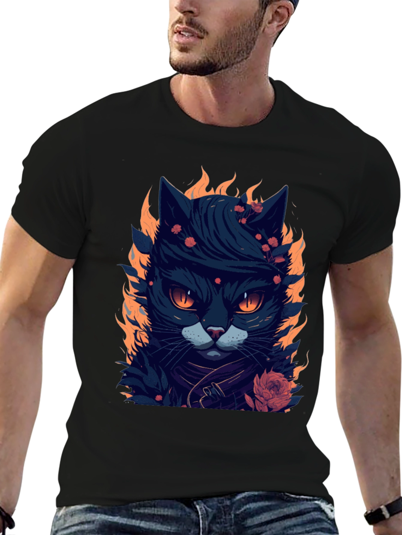 Fiery Feline Graphic Tee - Cool Cat Design