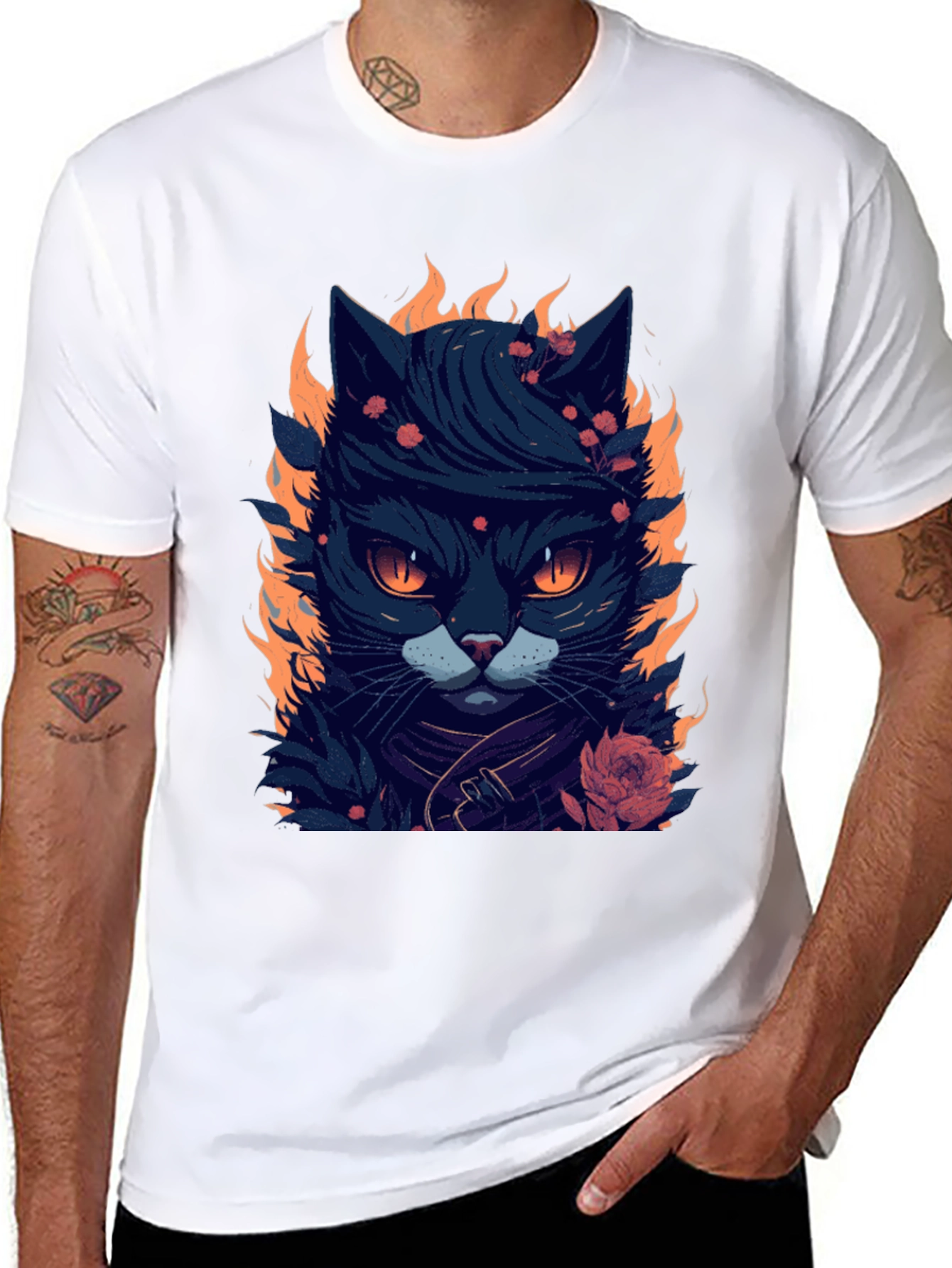 Fiery Feline Graphic Tee - Cool Cat Design