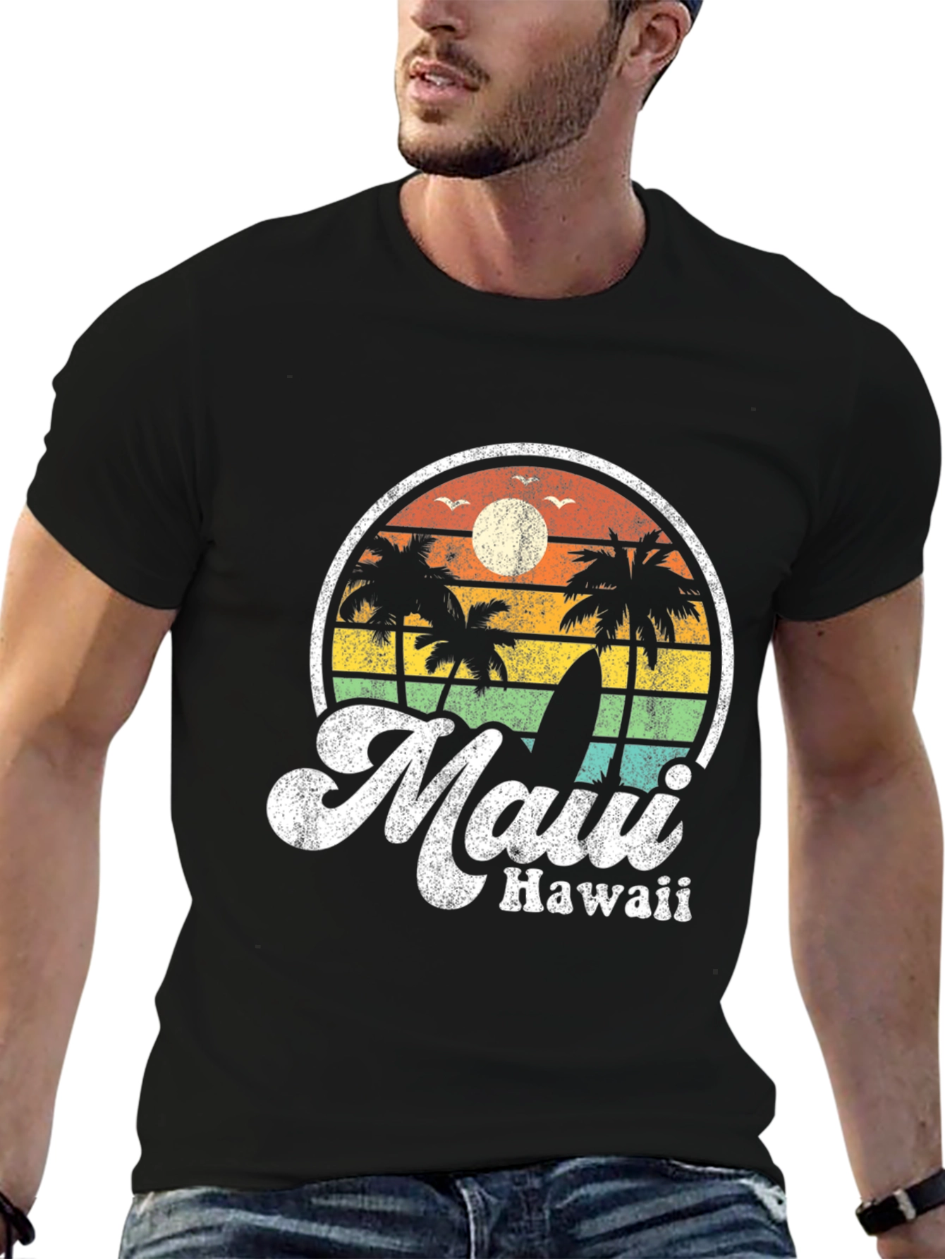 Retro Maui Hawaii T-Shirt - Palm Trees Surfboard