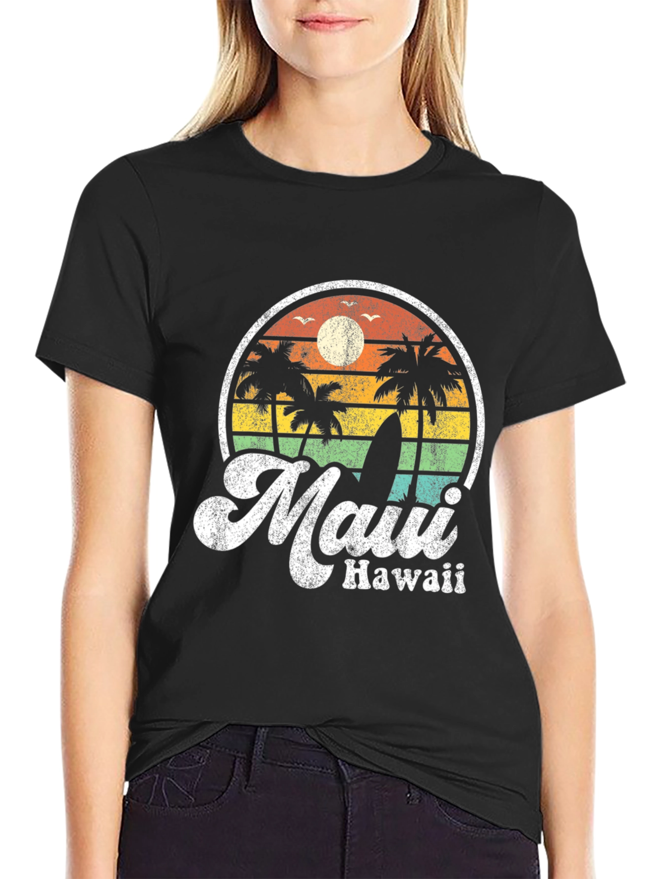 Retro Maui Hawaii T-Shirt - Palm Trees Surfboard
