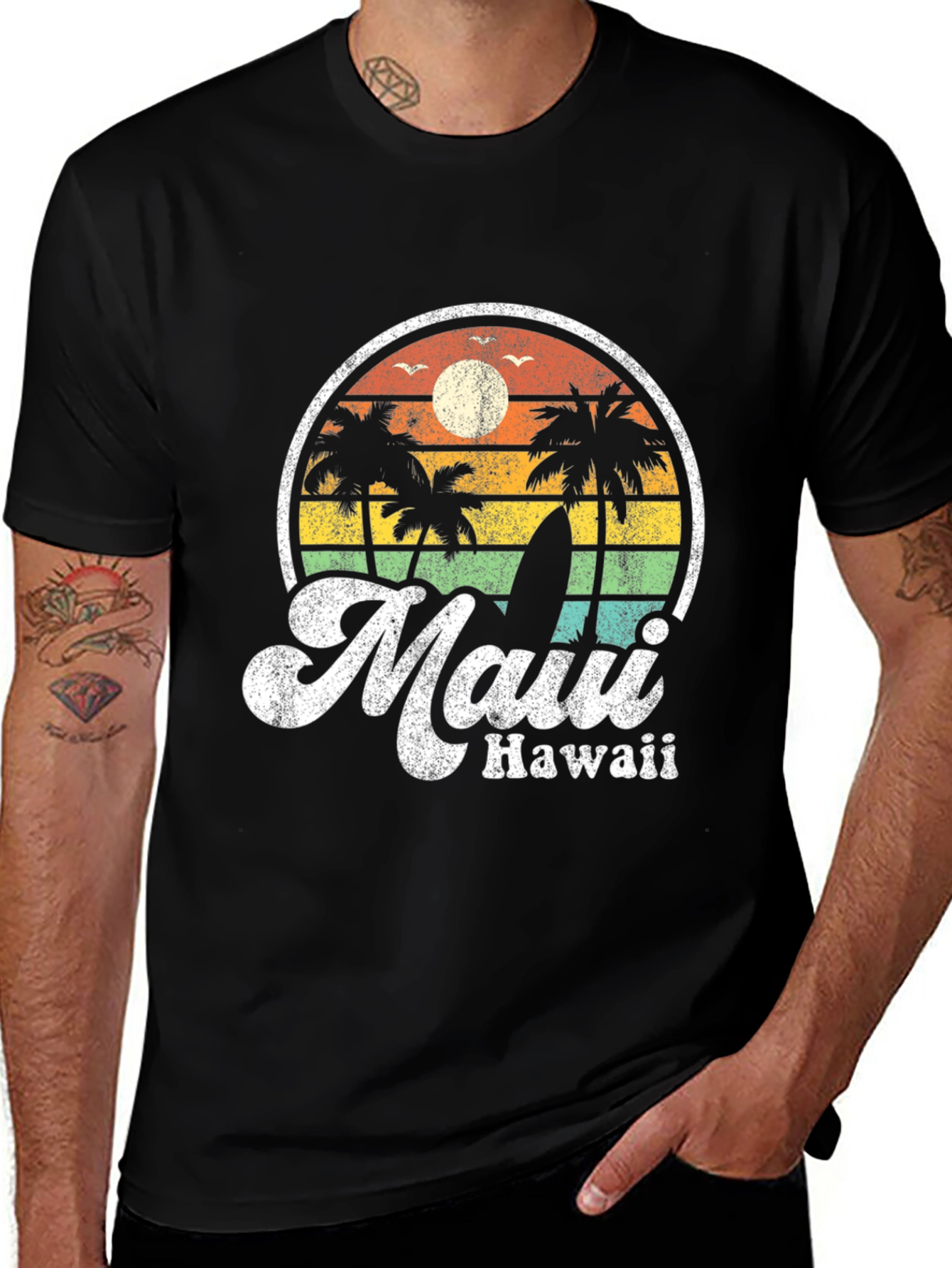 Retro Maui Hawaii T-Shirt - Palm Trees Surfboard