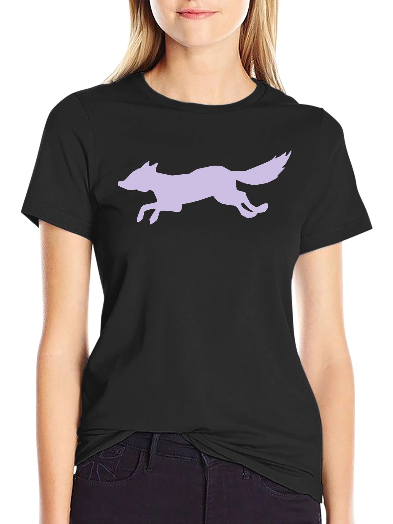 Black T-Shirt with Lavender Fox Graphic